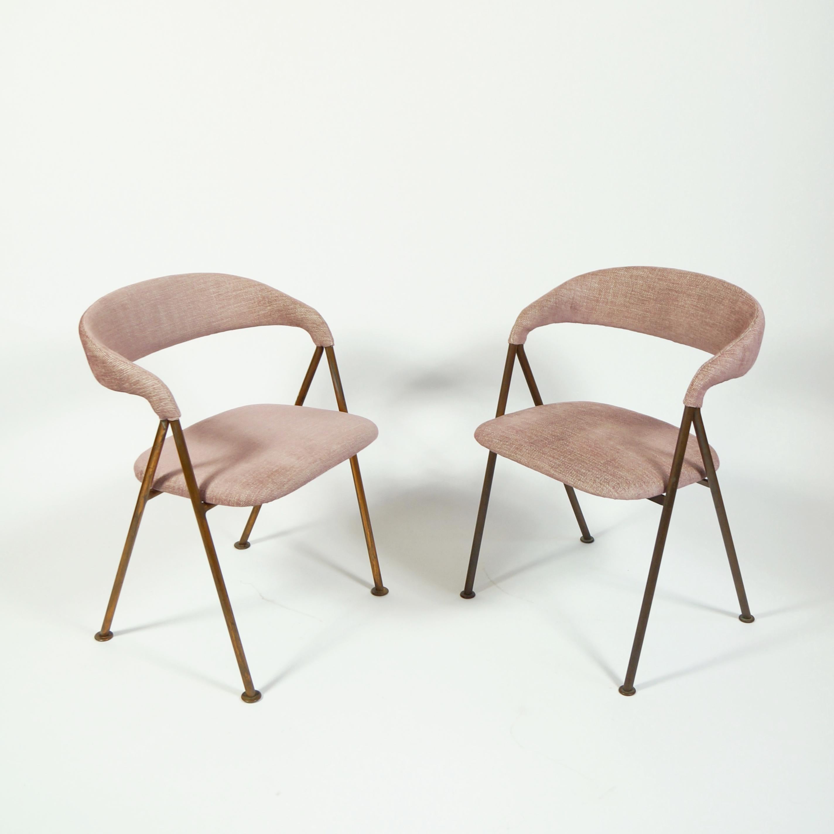 Rare chairs designed by Maija-Liisa Komulainen in the 1950s. These chairs come from
Helsinki Vaakuna hotel, completed in 1952 for the Helsinki Olympics. 

Copper frame and upholstery remodeled with Lauritzon's high quality Nadir