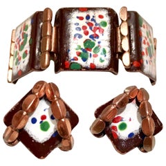 50'S Copper & Enamel Link Bracelet And Earrings S/3 By Renoir-Matisse