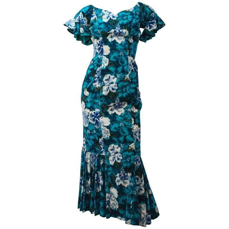 50er Jahre Baumwollkleid im Flamenco-Stil mit Blumendruck Damen im Angebot