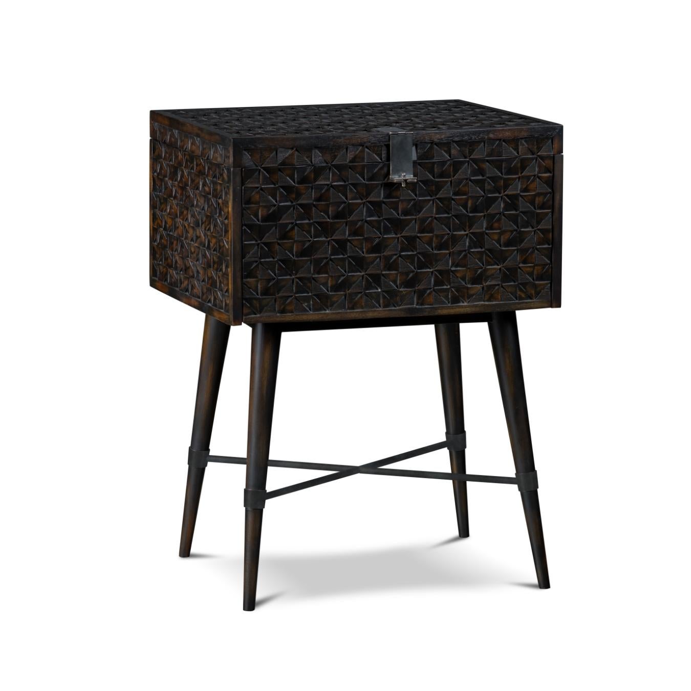 Inspired by 50's Danish design, the Arlov auxiliary table blends classic design with exceptional craftsmanship. With its triangular geometric pattern and ironwork details, it is sure to make a statement. This box-shaped piece can also be opened to