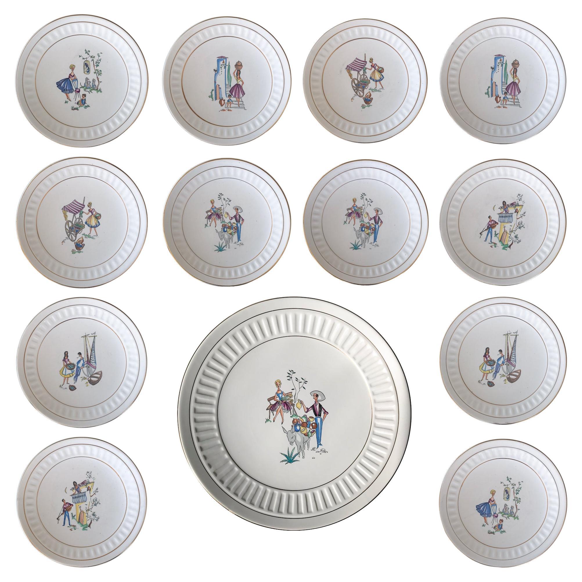 50's Dutch Ceramic Dessert & Cake Plate Set, 13 Pieces