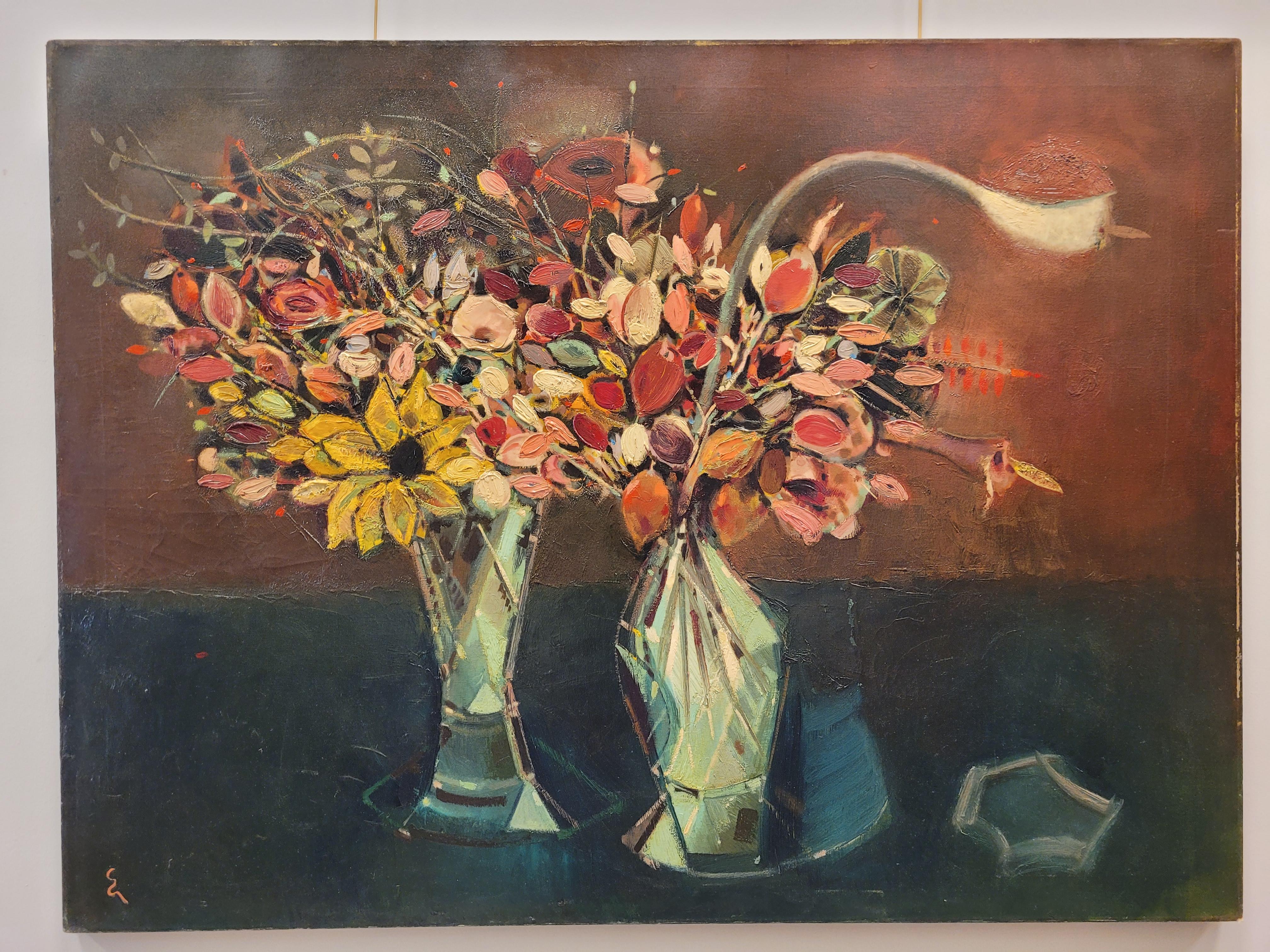 One of a kind large-scale still life with flowers, the work of Eugene Biel-Bienne (1902-1969), a standard bearer of the Viennese school of expressionism, one of the most outstanding aspects of this artistic current. He was close to artists like