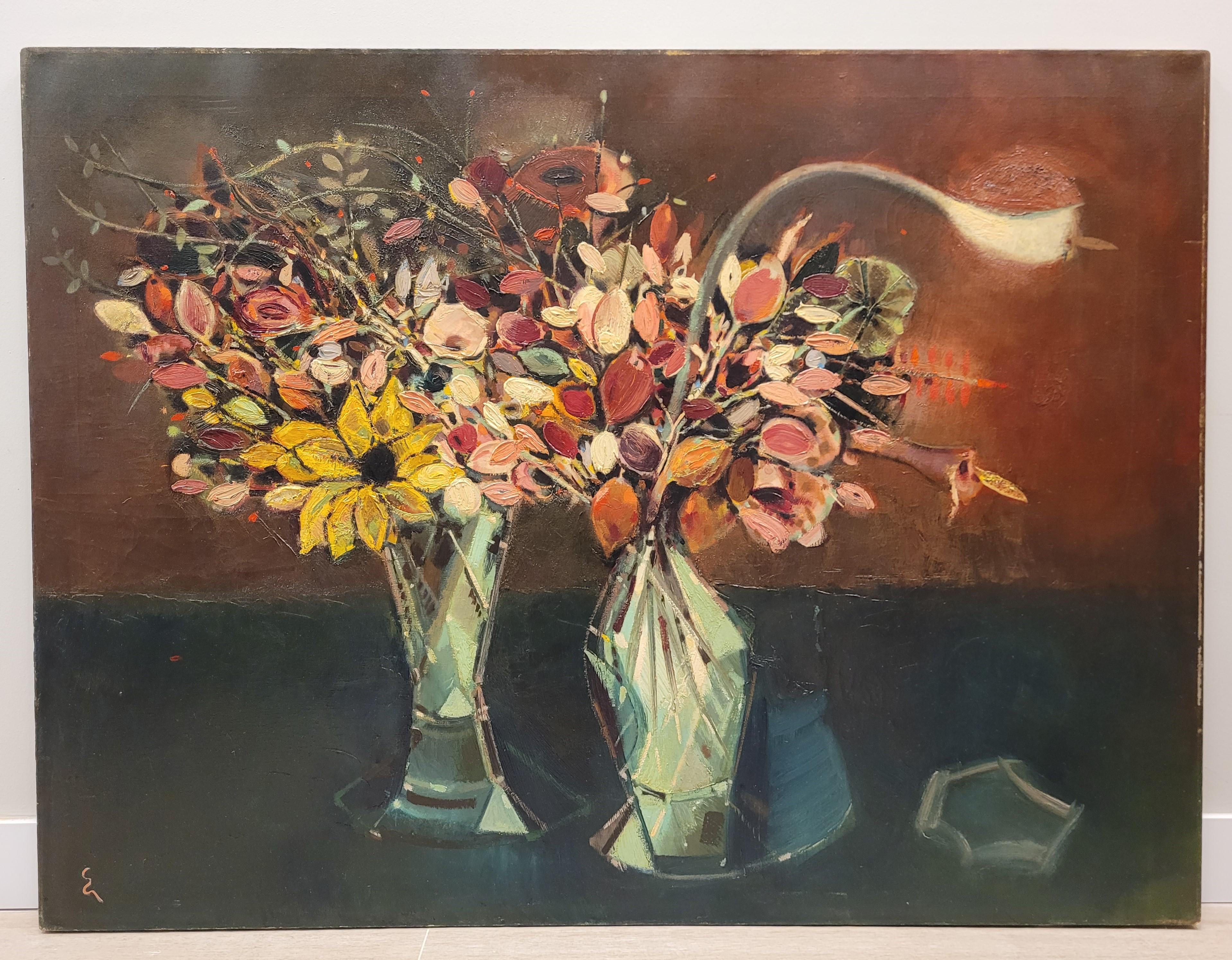 50er Jahre Eugene Biel-Bienne Stillleben mit Blumen, österreichische Malerei im Angebot 12