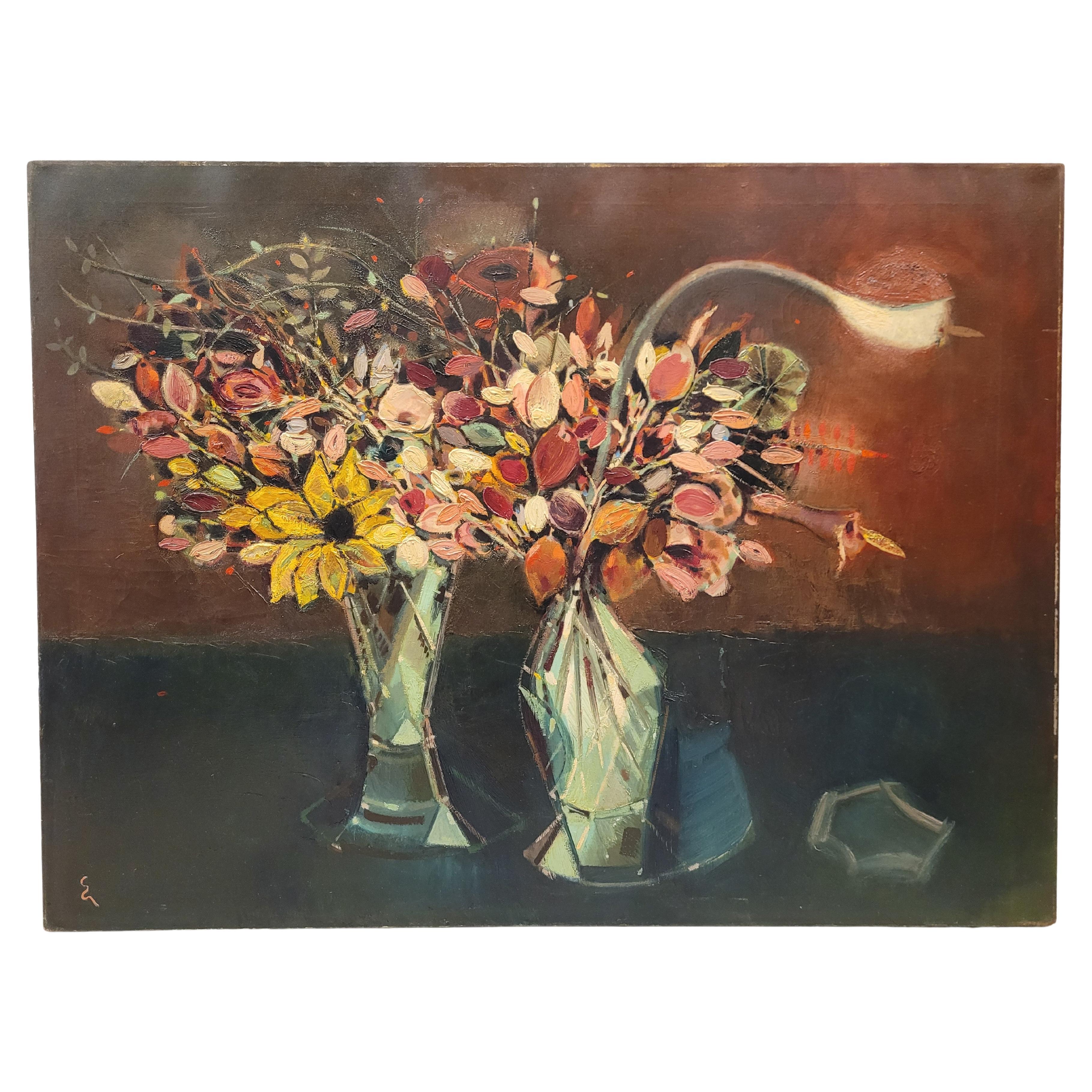 50s Eugene Biel-Bienne Still Life with Flowers Painting Austrian For Sale