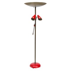 50s Floor Lamp Brass Enamelled Red and Cream Shades Italian Design by Stilnovo