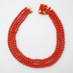'50s Four Strand Coral Bead Choker Necklace With Cluster Clasp By Eugene Schultz
