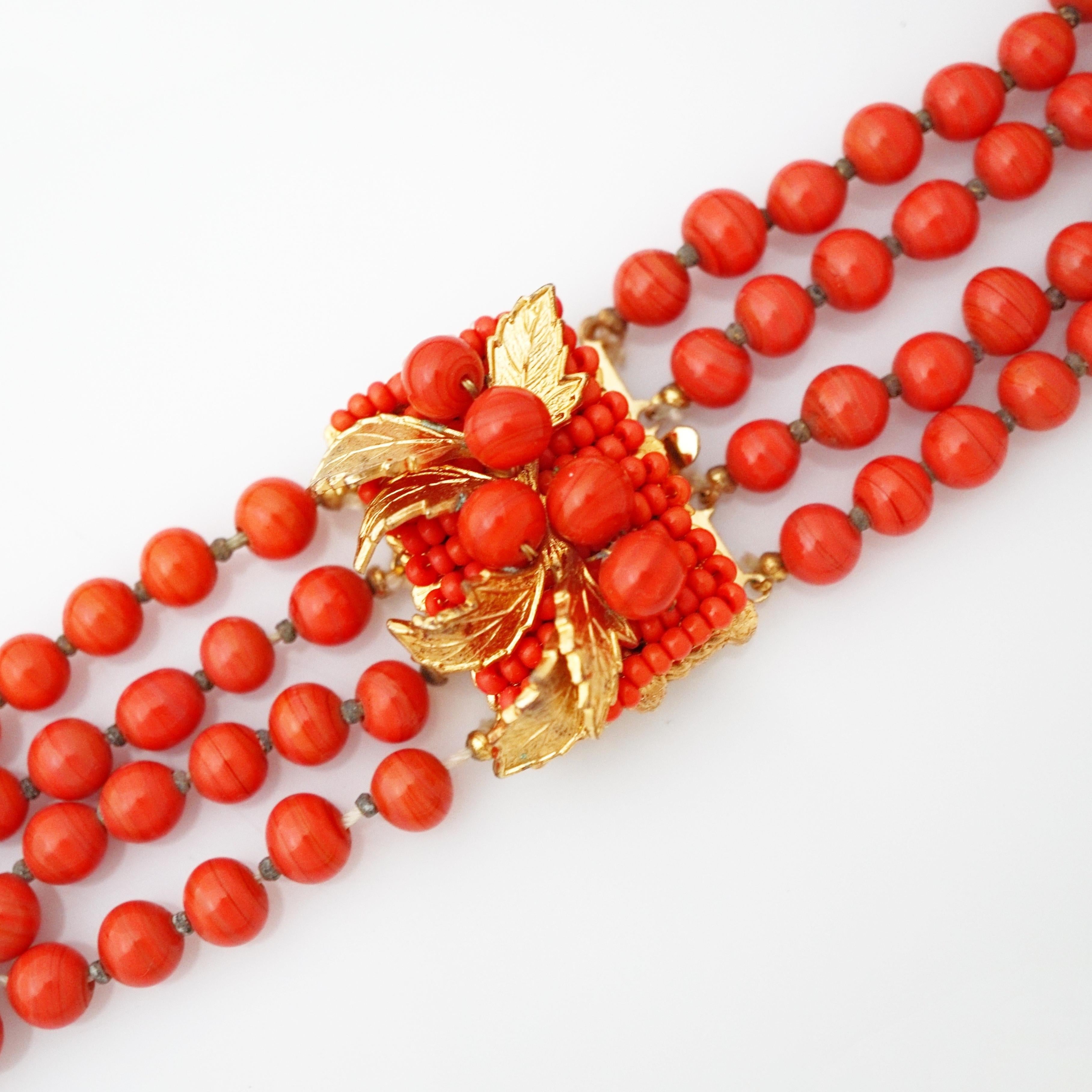 Modern '50s Four Strand Coral Bead Choker Necklace With Cluster Clasp By Eugene Schultz For Sale