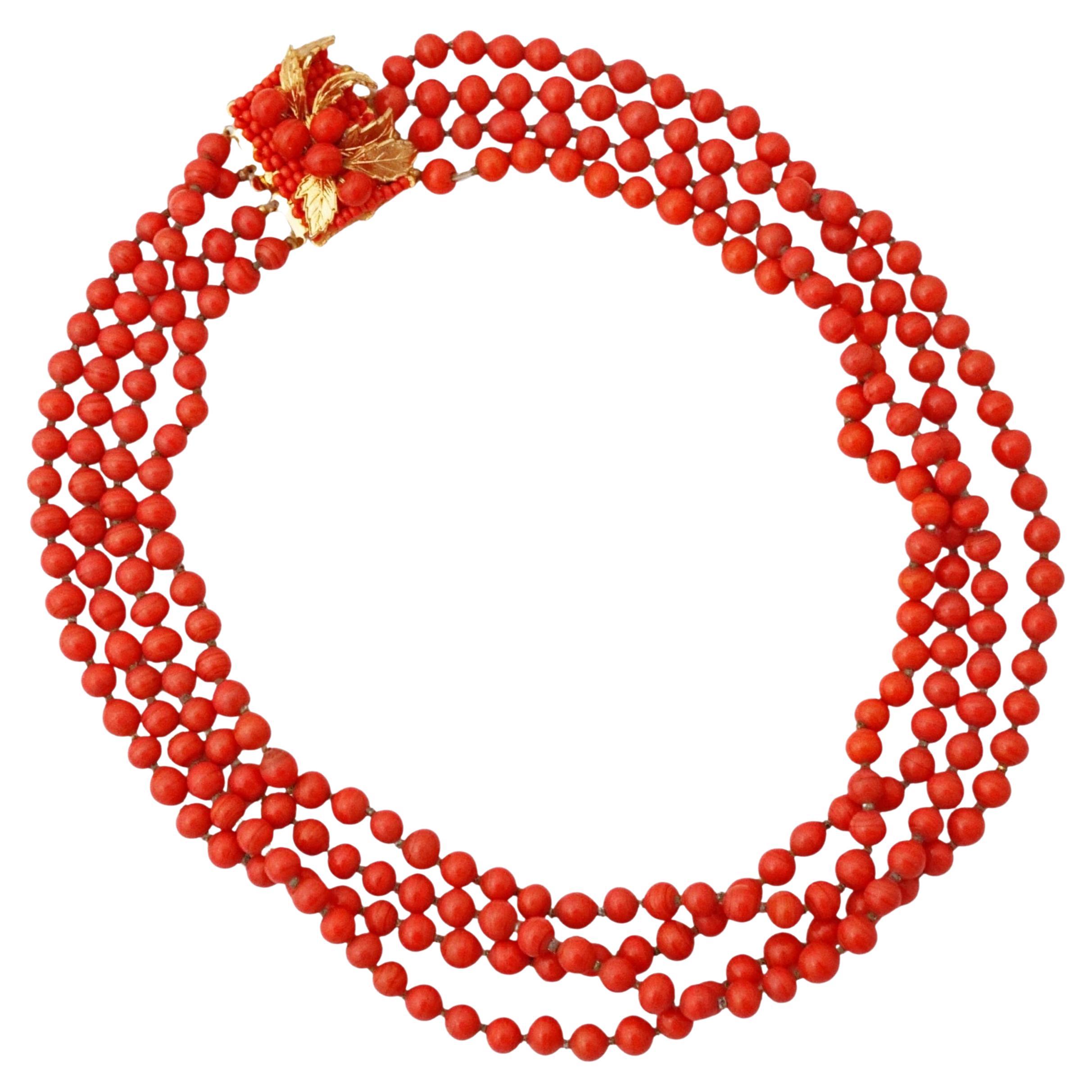 '50s Four Strand Coral Bead Choker Necklace With Cluster Clasp By Eugene Schultz For Sale