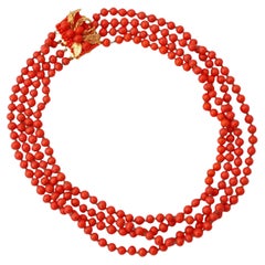 '50s Four Strand Coral Bead Choker Necklace With Cluster Clasp By Eugene Schultz