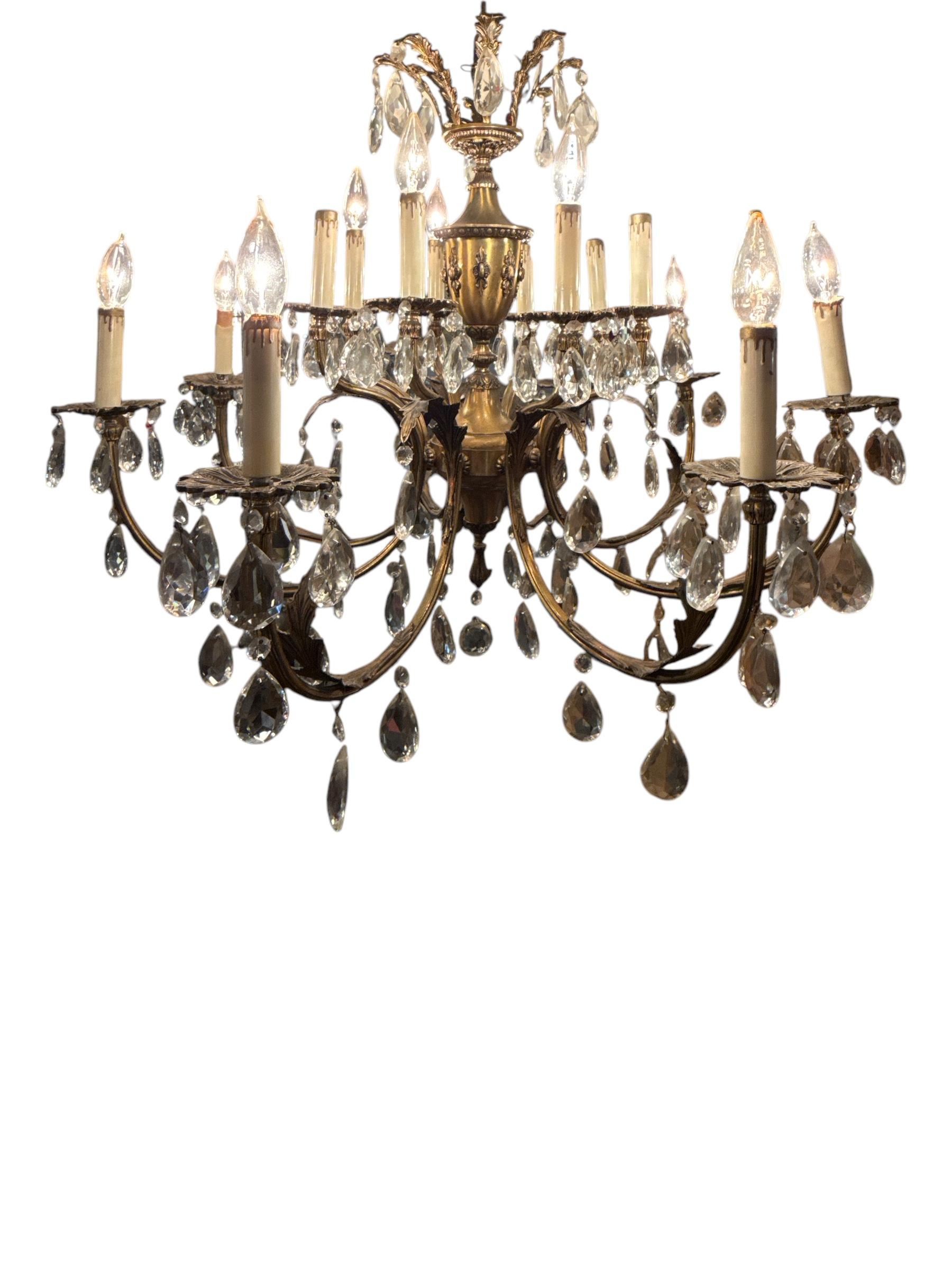 50s French 16 Light Brass Crystal Cut Chandelier In Excellent Condition For Sale In Pasadena, CA