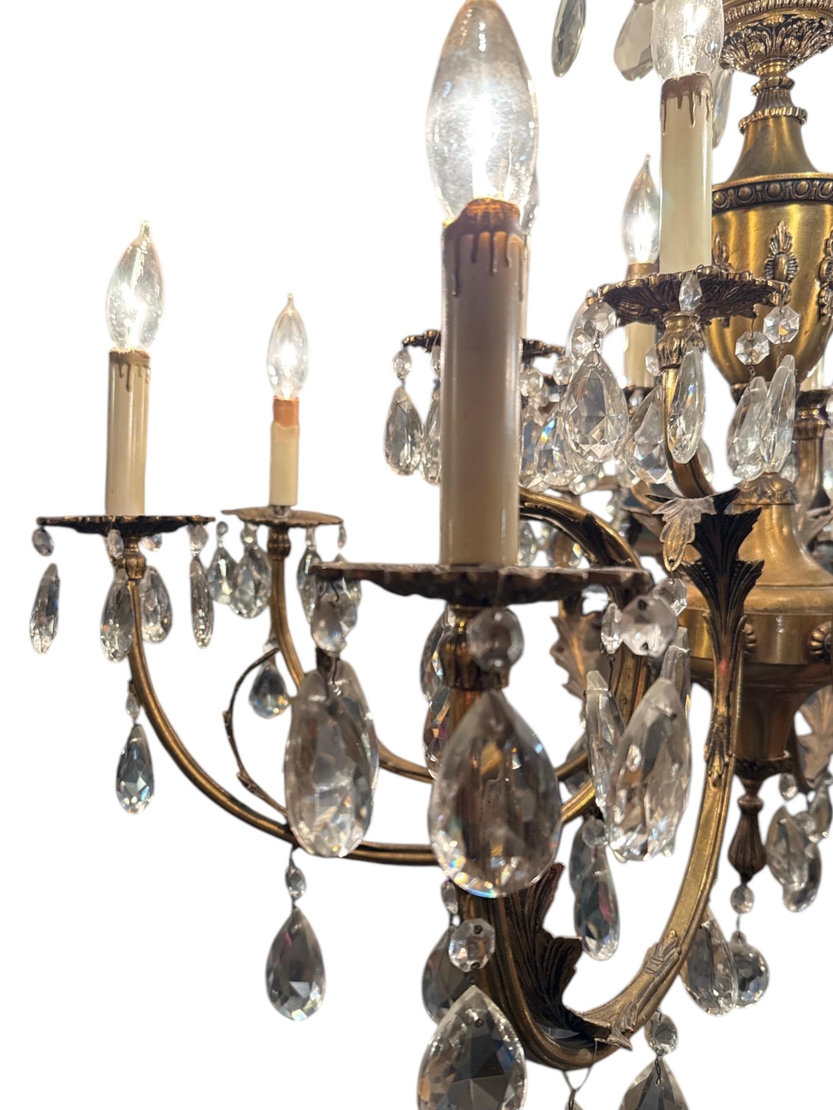 50s French 16 Light Brass Crystal Cut Chandelier For Sale 1
