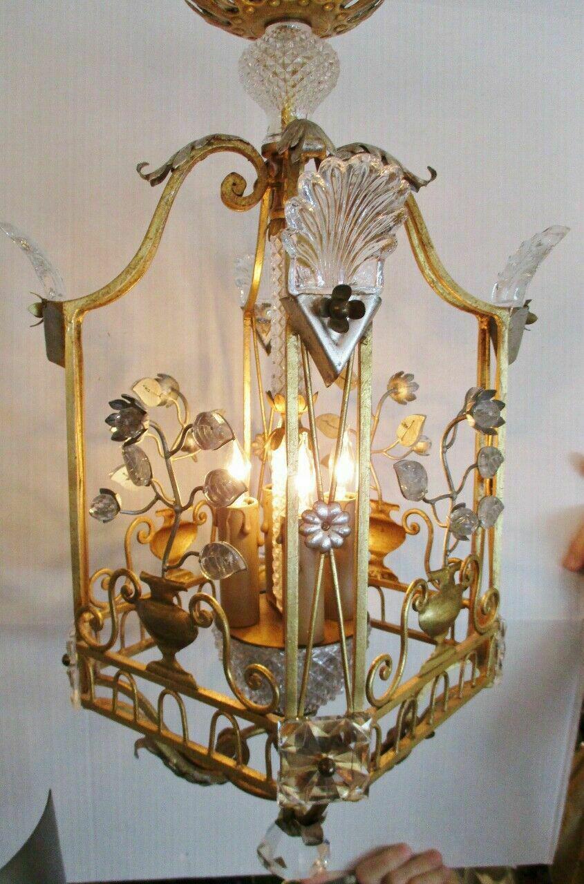 50s French Hollywood Regency Gilt Iron w/Crystal Floral Form Lantern/ Chandelier In Good Condition For Sale In Opa Locka, FL