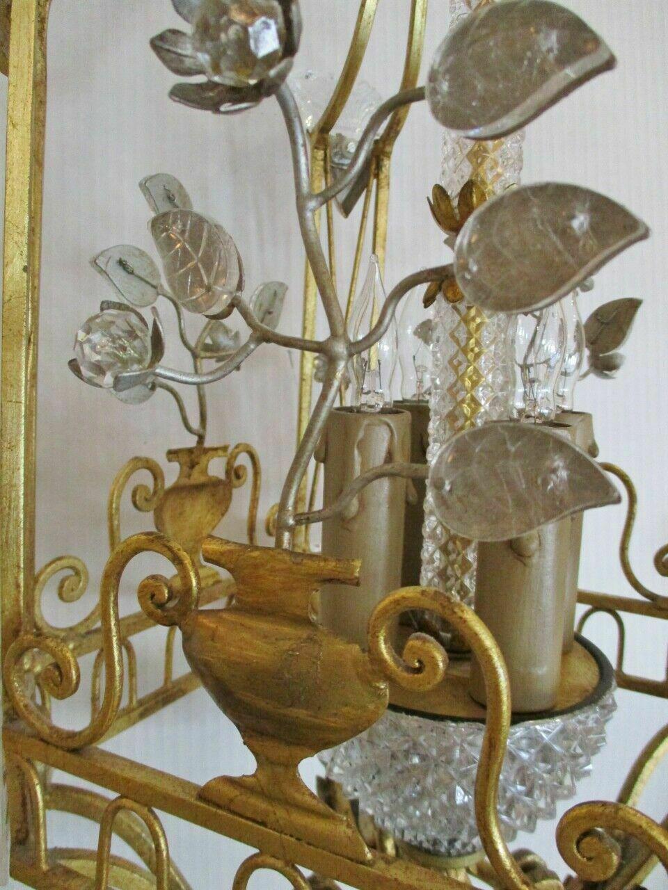Mid-20th Century 50s French Hollywood Regency Gilt Iron w/Crystal Floral Form Lantern/ Chandelier For Sale