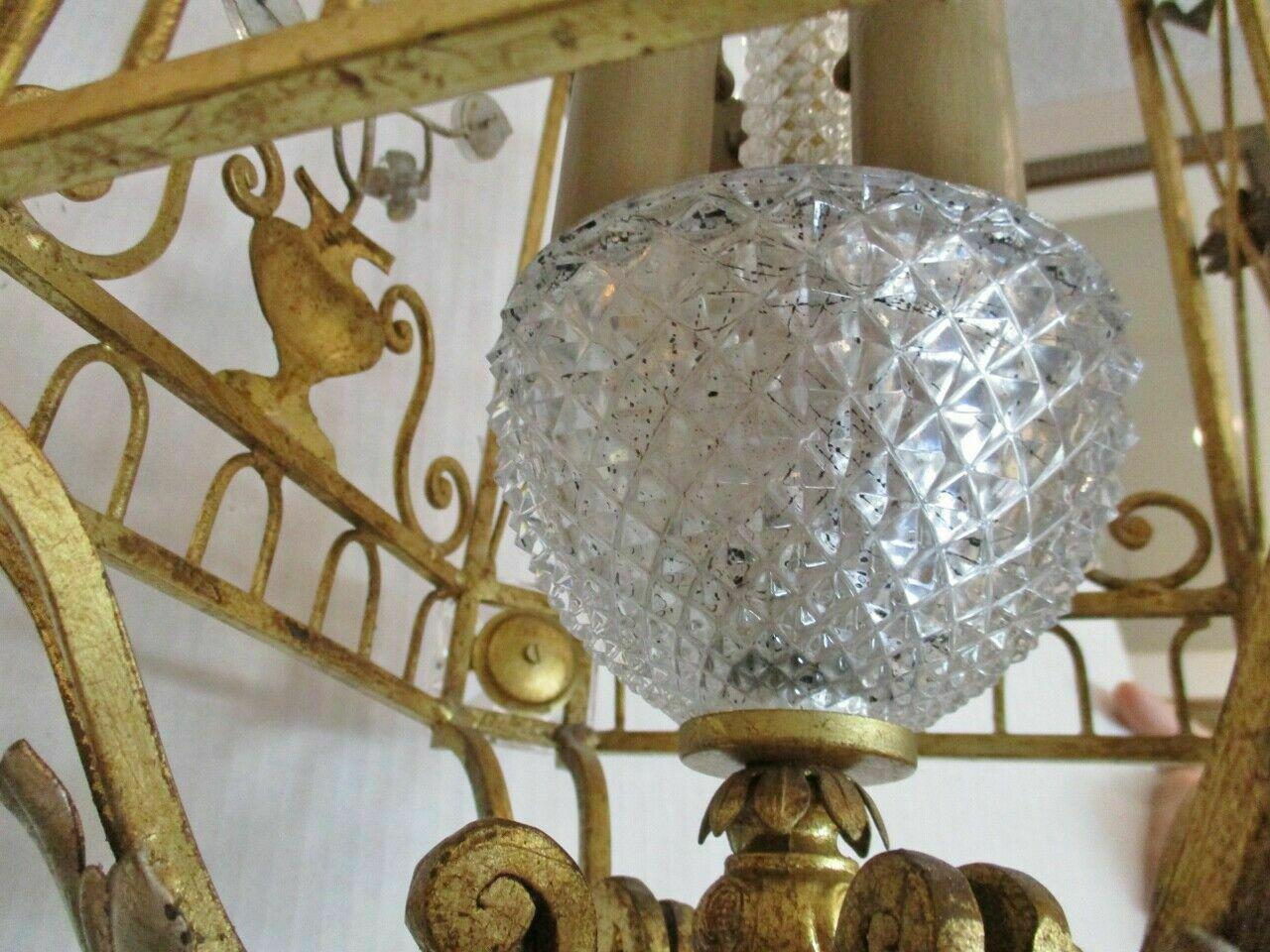 Metal 50s French Hollywood Regency Gilt Iron w/Crystal Floral Form Lantern/ Chandelier For Sale