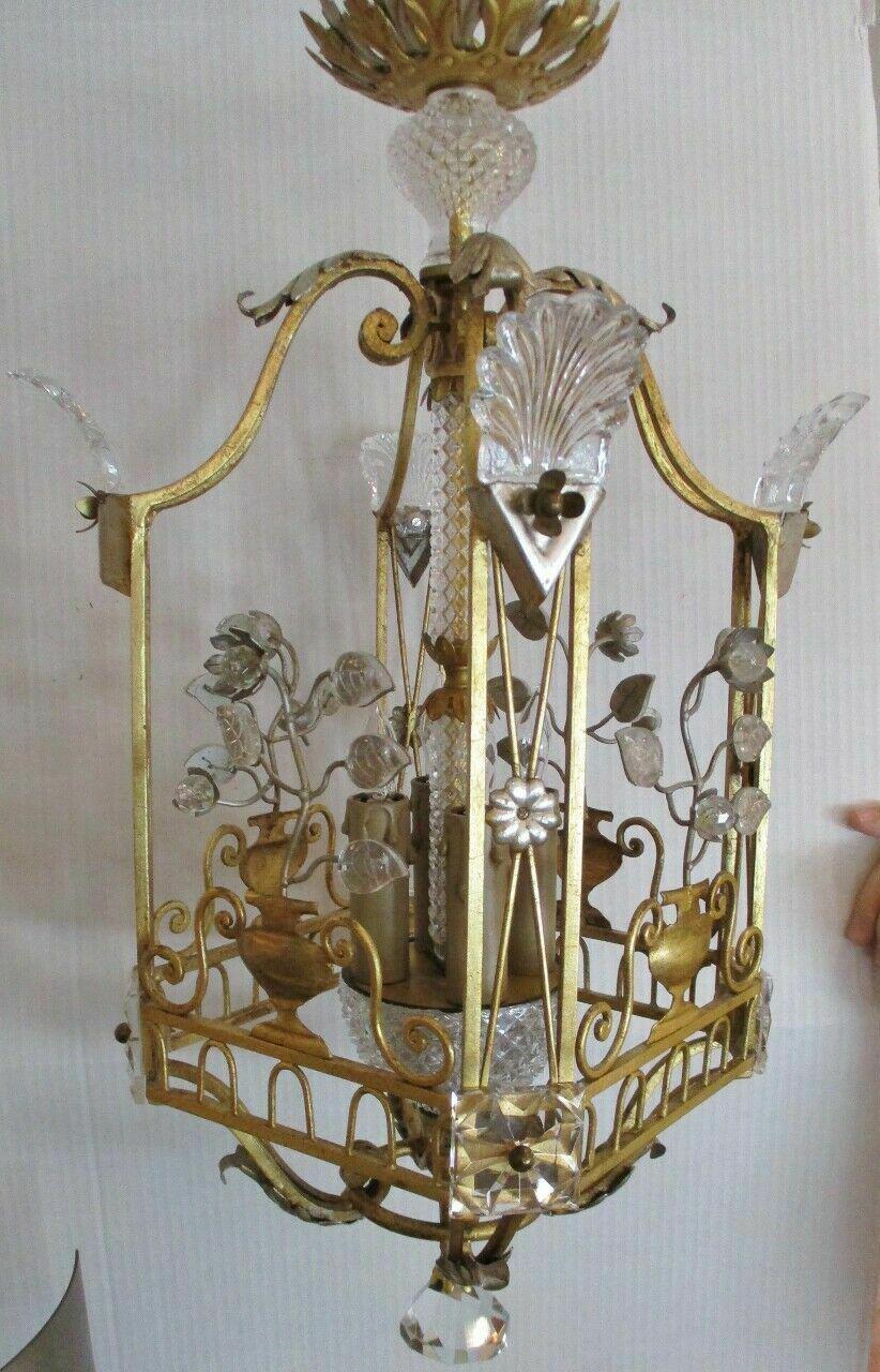 50s French Hollywood Regency Gilt Iron w/Crystal Floral Form Lantern/ Chandelier For Sale 3