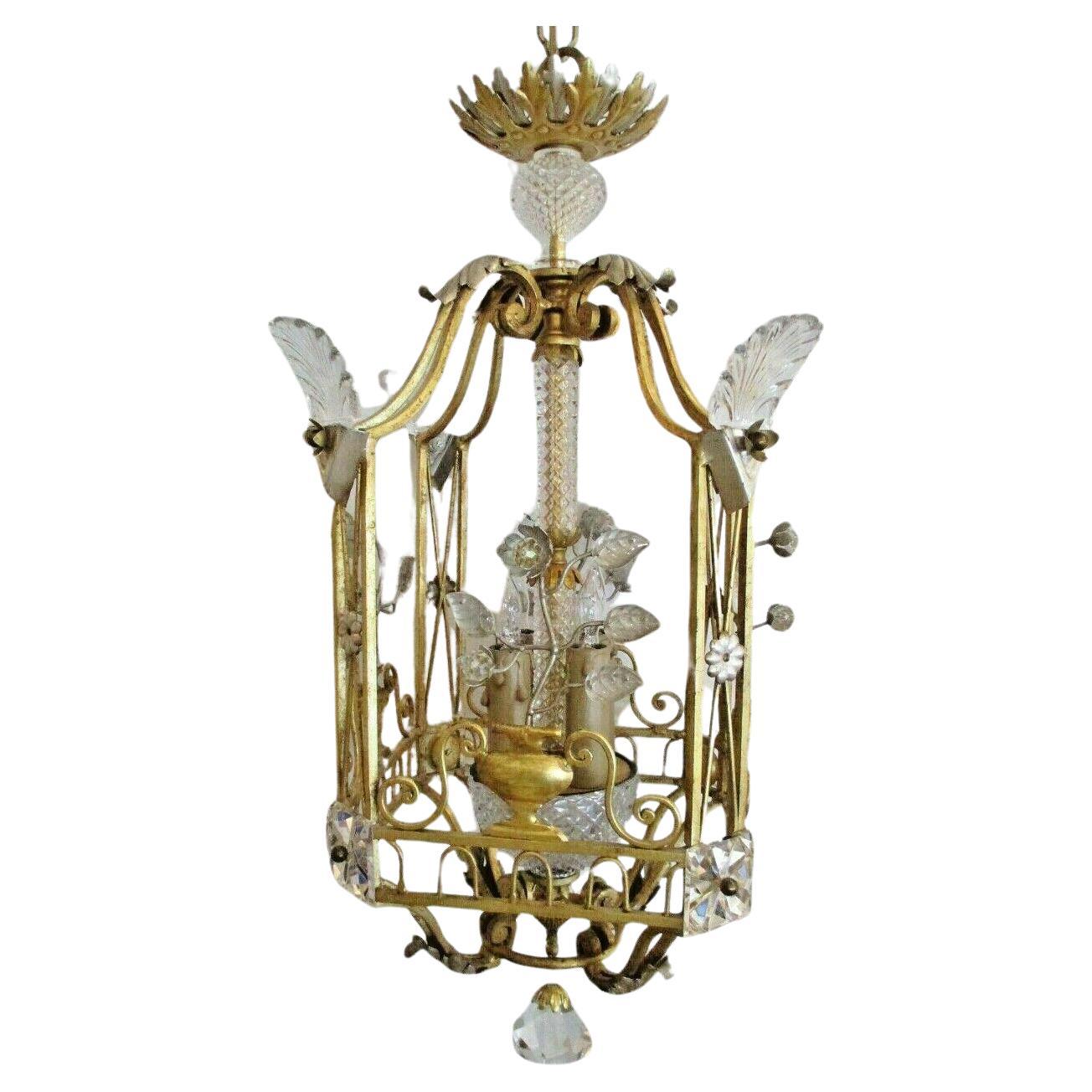 50s French Hollywood Regency Gilt Iron w/Crystal Floral Form Lantern/ Chandelier For Sale