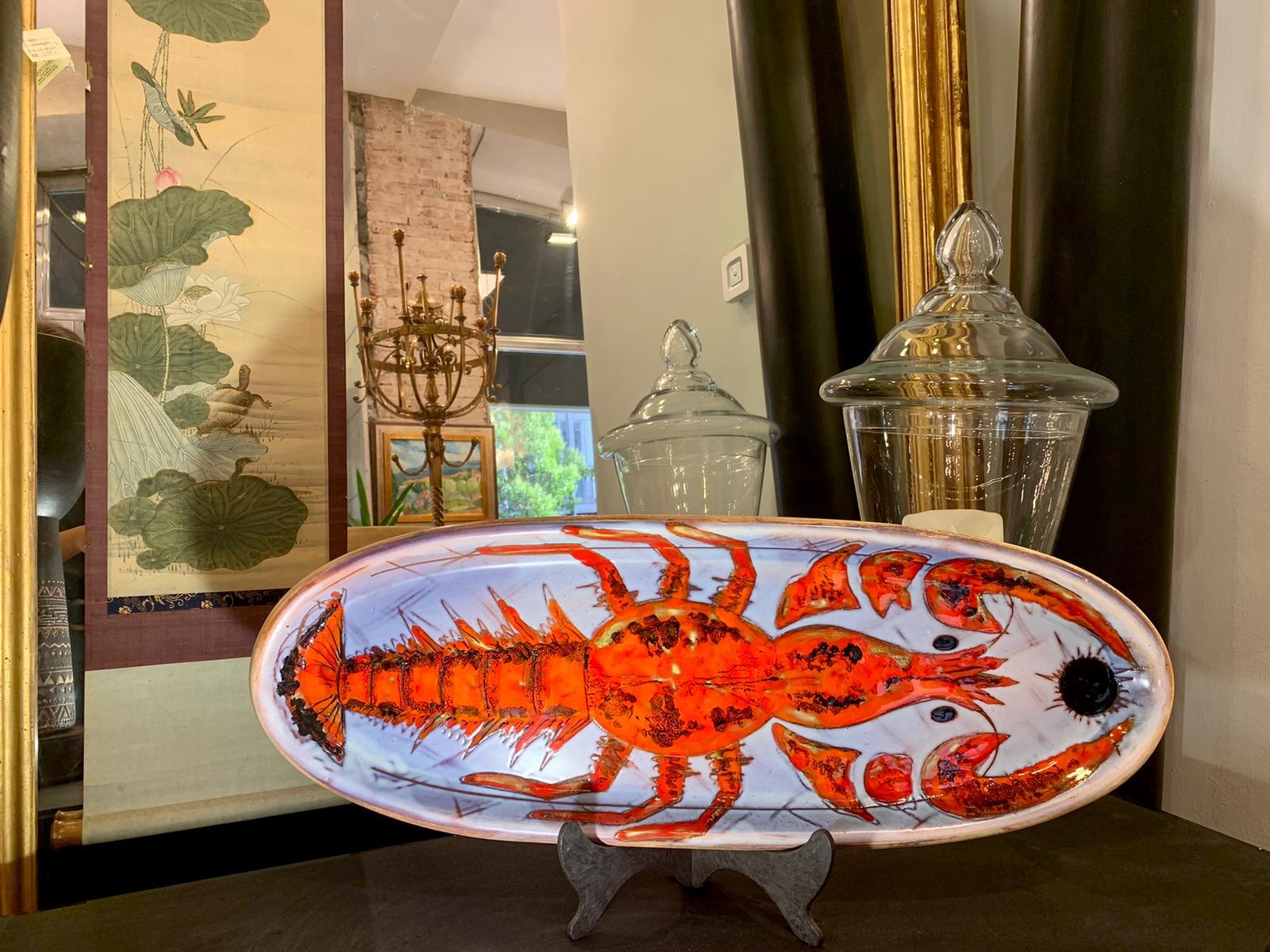 50s French Red, White Ceramic Try with Painted Lobster 9