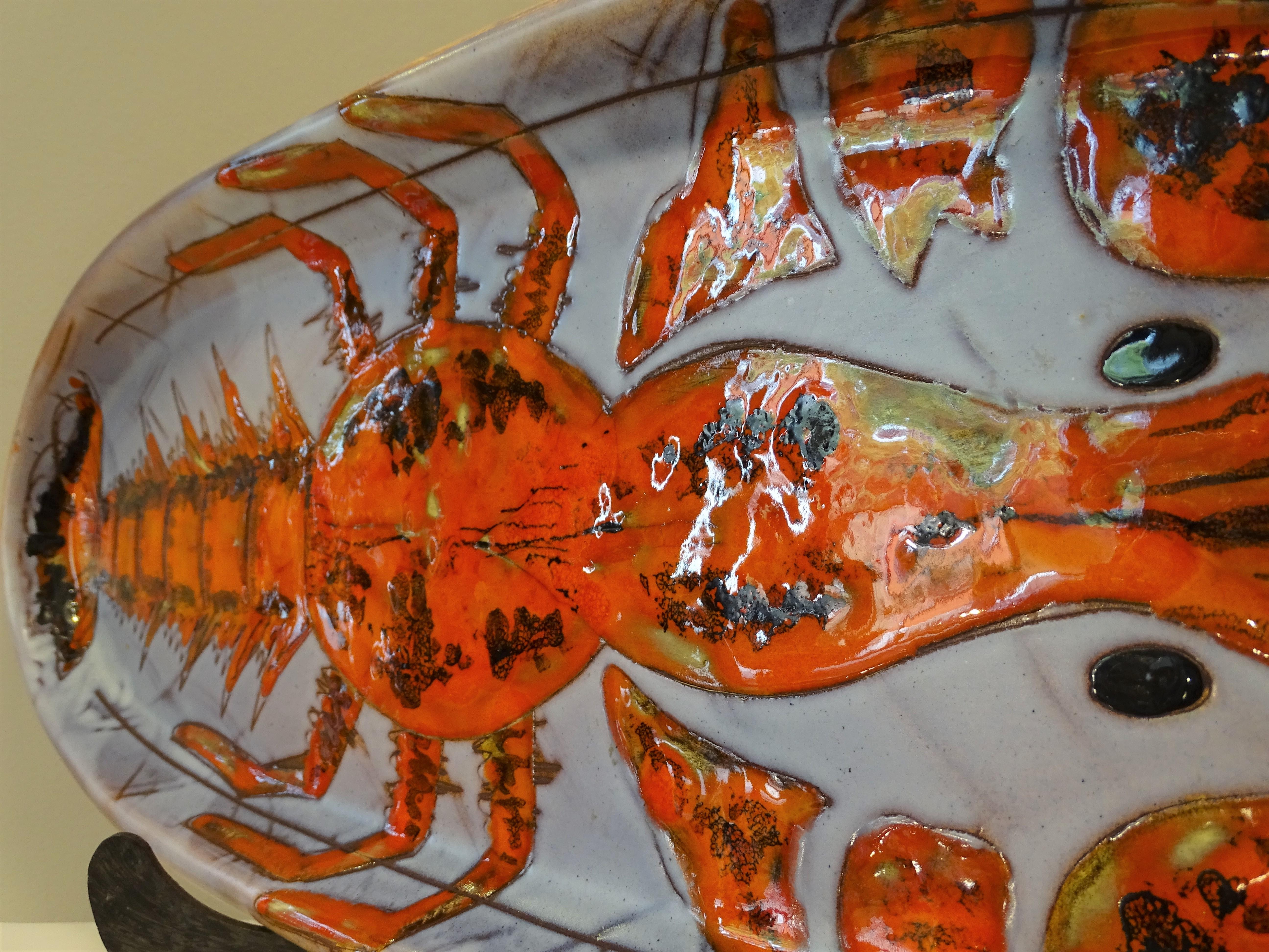 50s French Red, White Ceramic Try with Painted Lobster 12