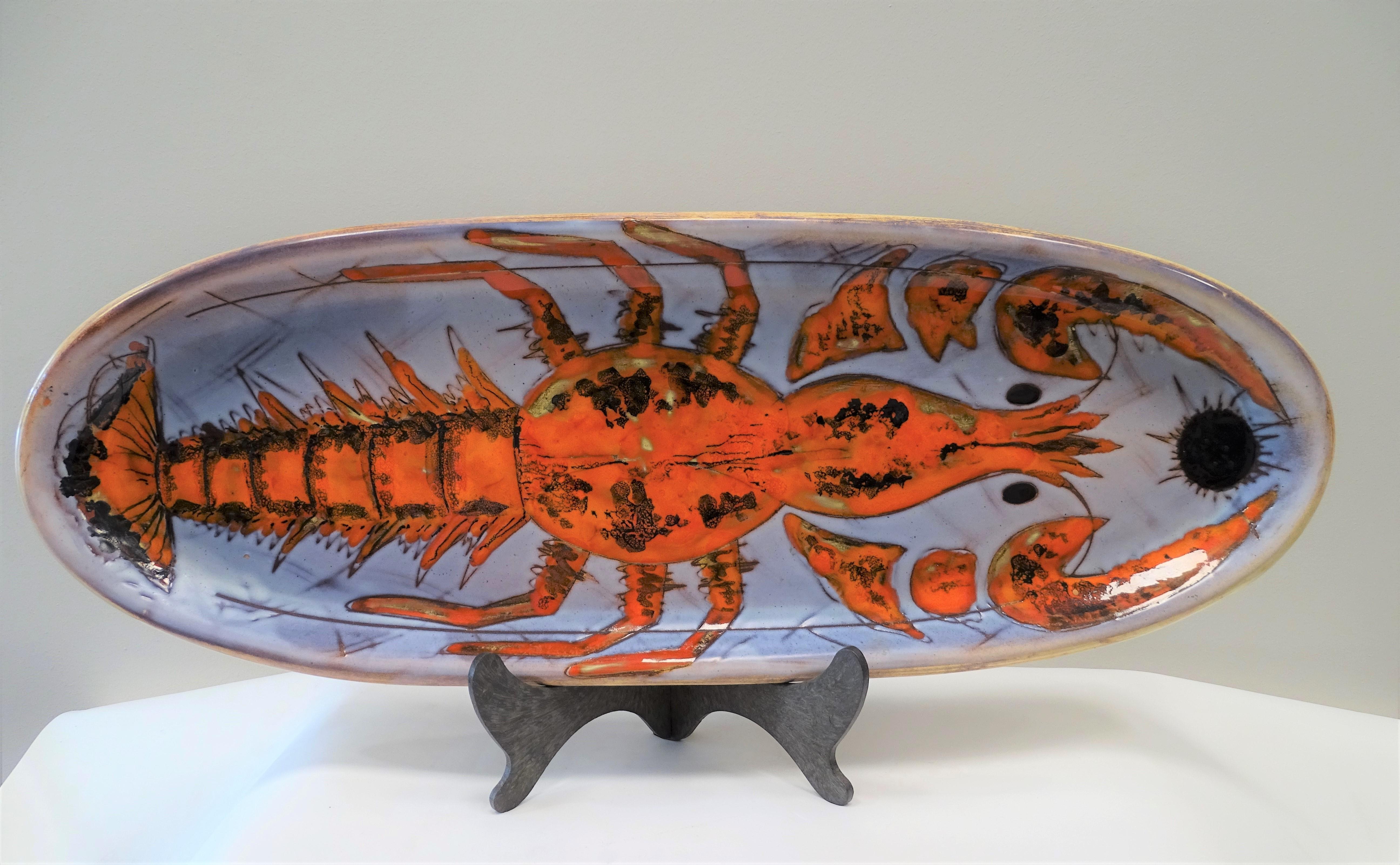 50s French Red, White Ceramic Try with Painted Lobster 13