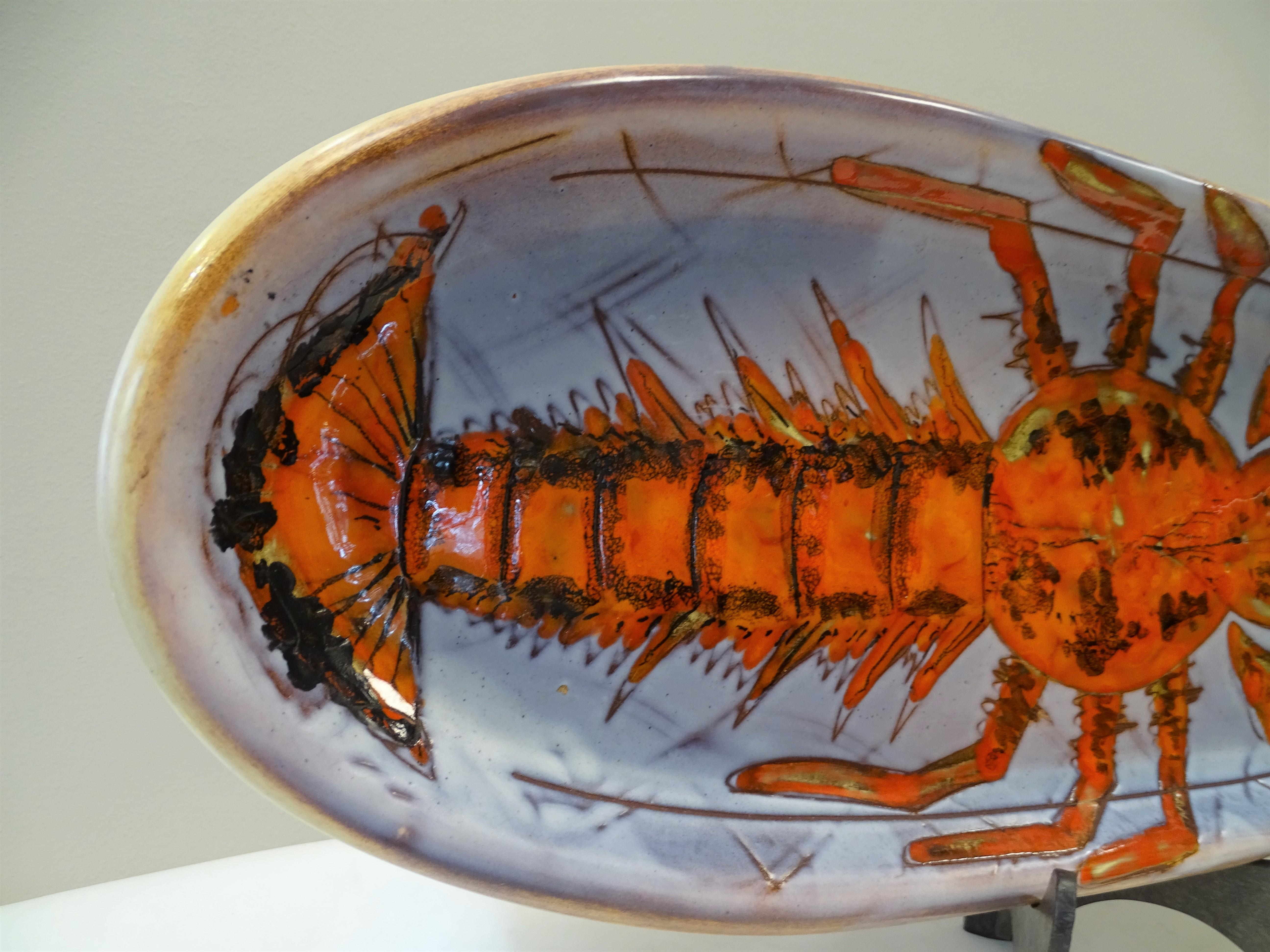 50s French Red, White Ceramic Try with Painted Lobster In Good Condition In Valladolid, ES
