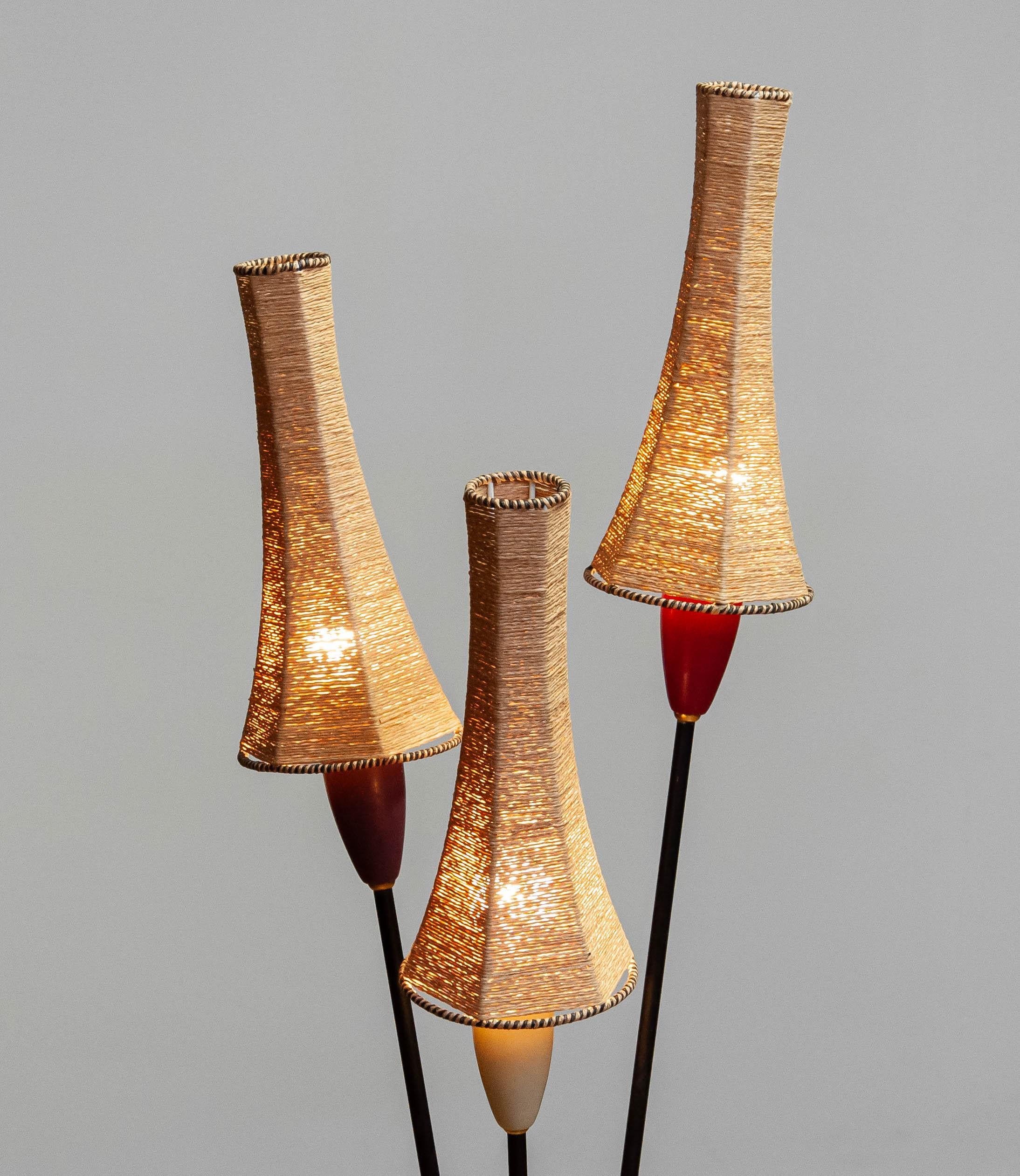 50s French Tripod Floor Lamp With Papercord Shades Attributed To Mathieu Matégot For Sale 2