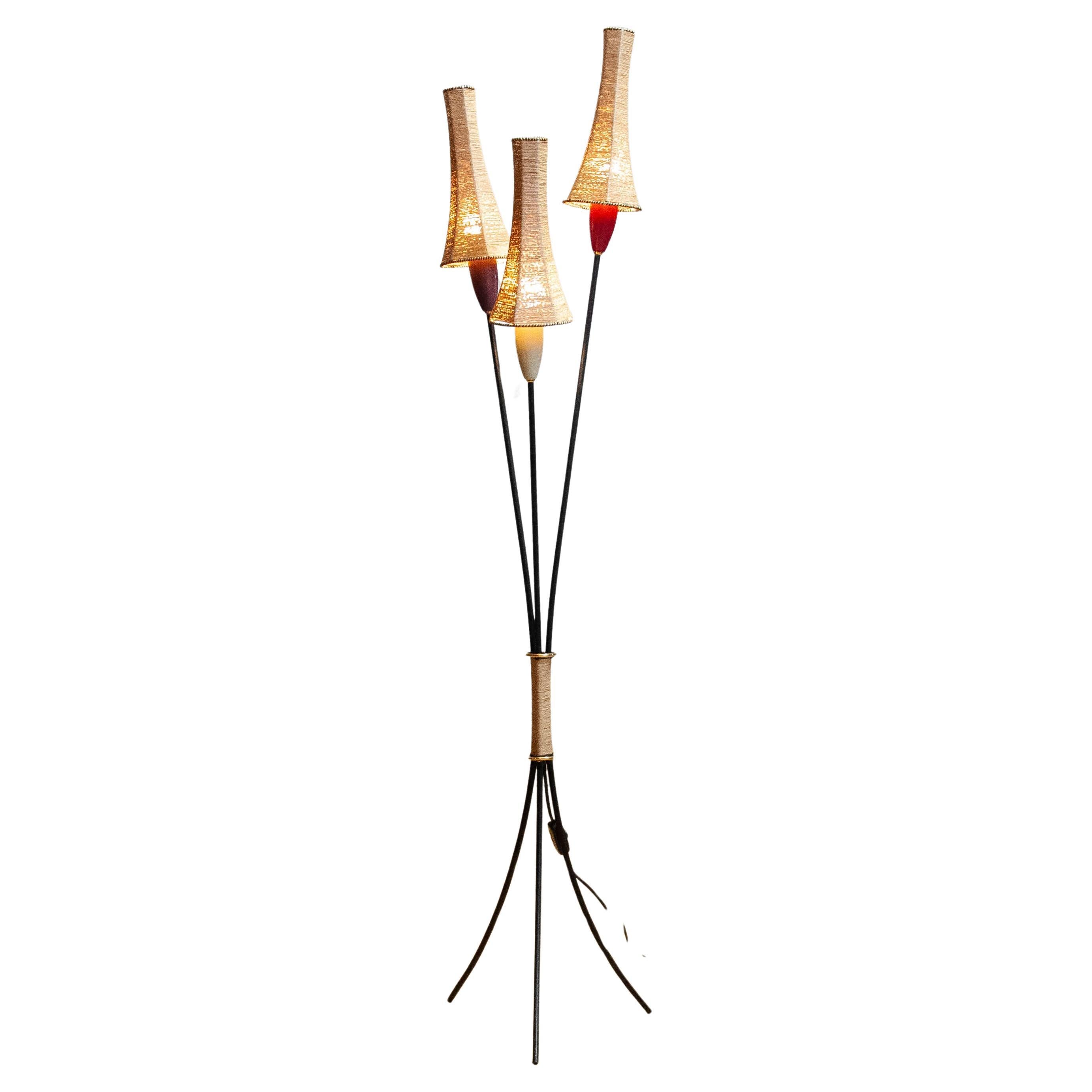 50s French Tripod Floor Lamp With Papercord Shades Attributed To Mathieu Matégot For Sale