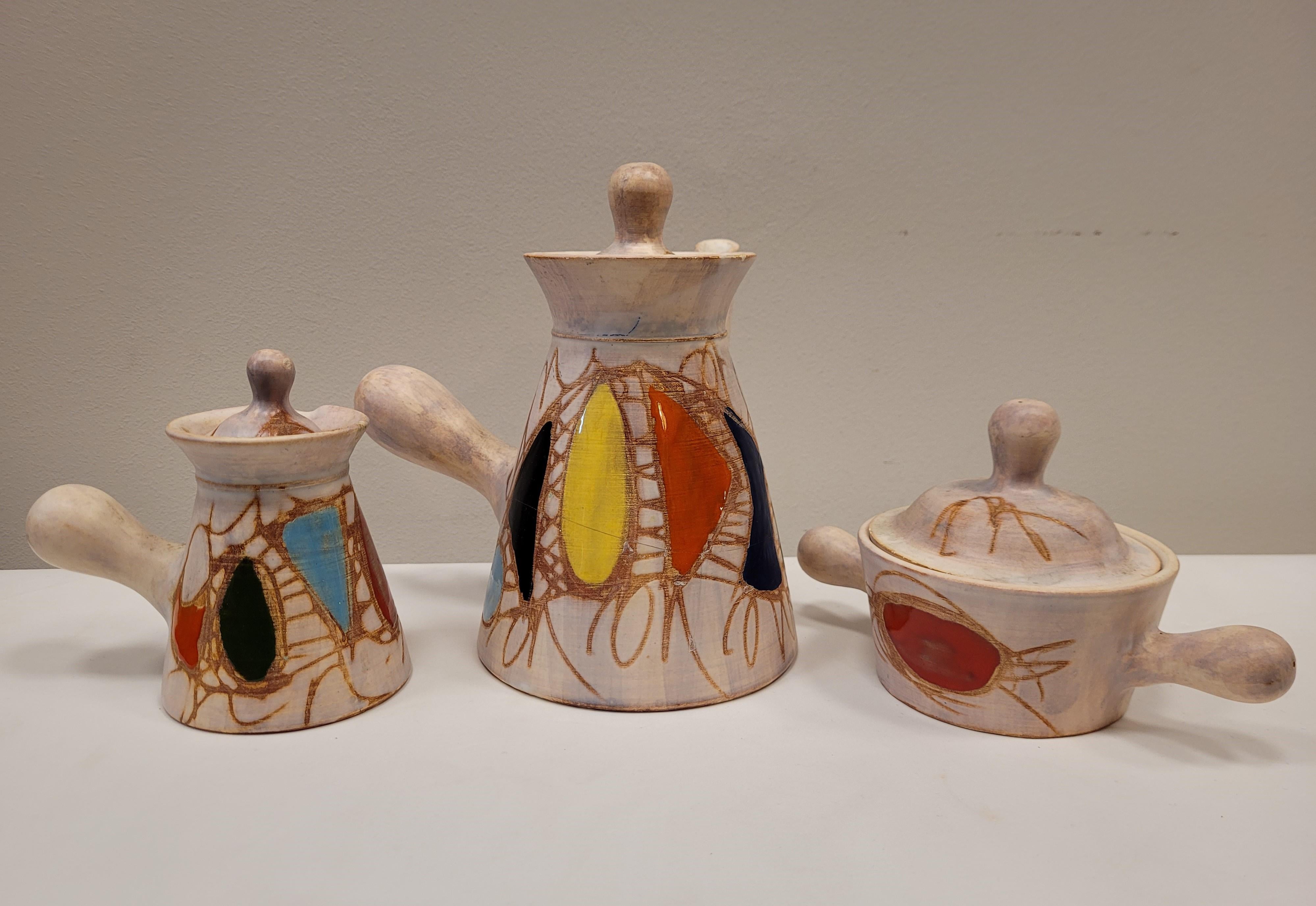 50s French Vallauris Colored Ceramic Coffe or Tea Set, Signed For Sale 4