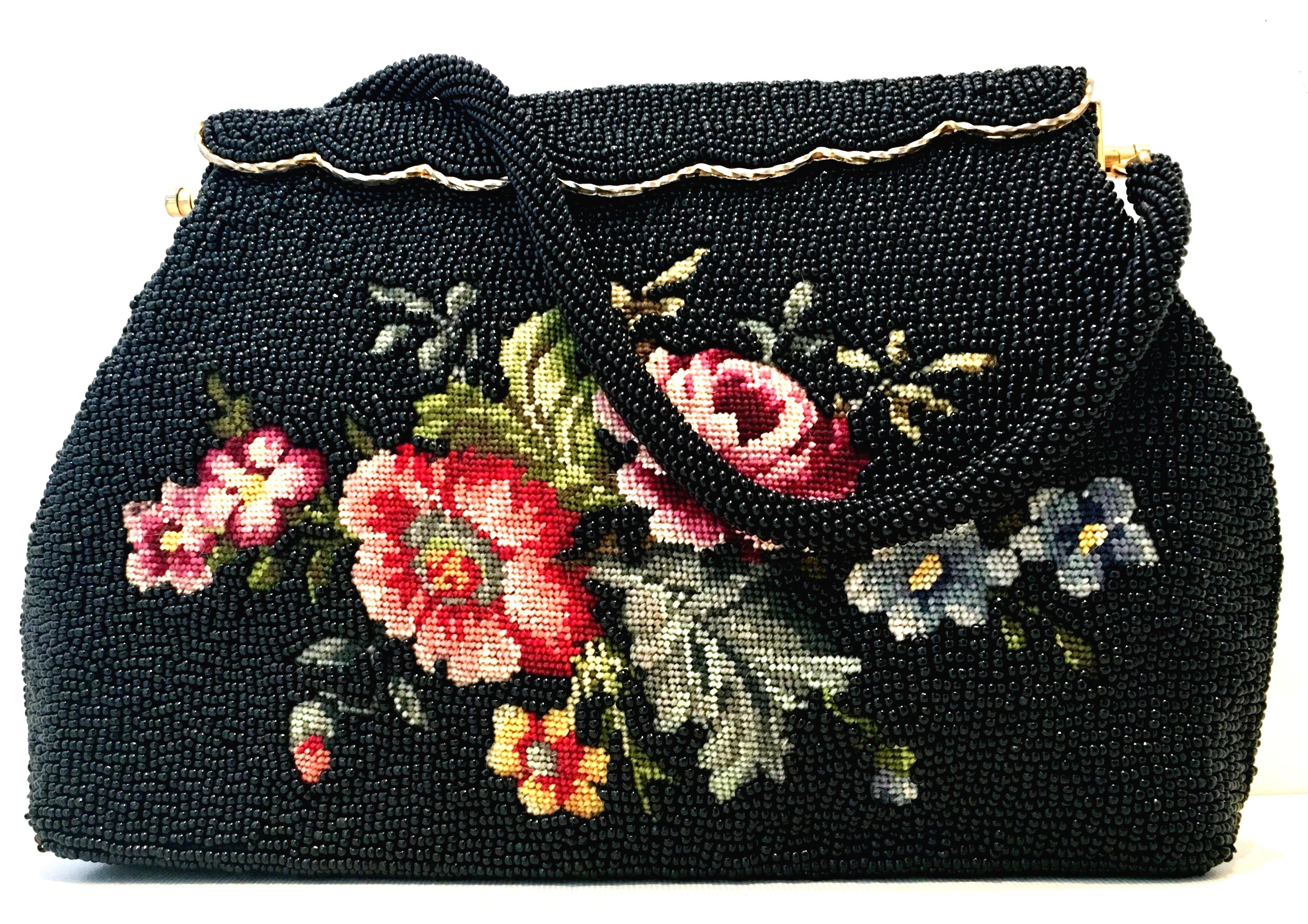Black 50'S Glass Glass Bead & Crewel Embroidered Hand Bag-Hong Kong