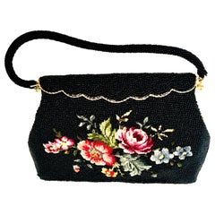 Vintage 50'S Glass Glass Bead & Crewel Embroidered Hand Bag-Hong Kong