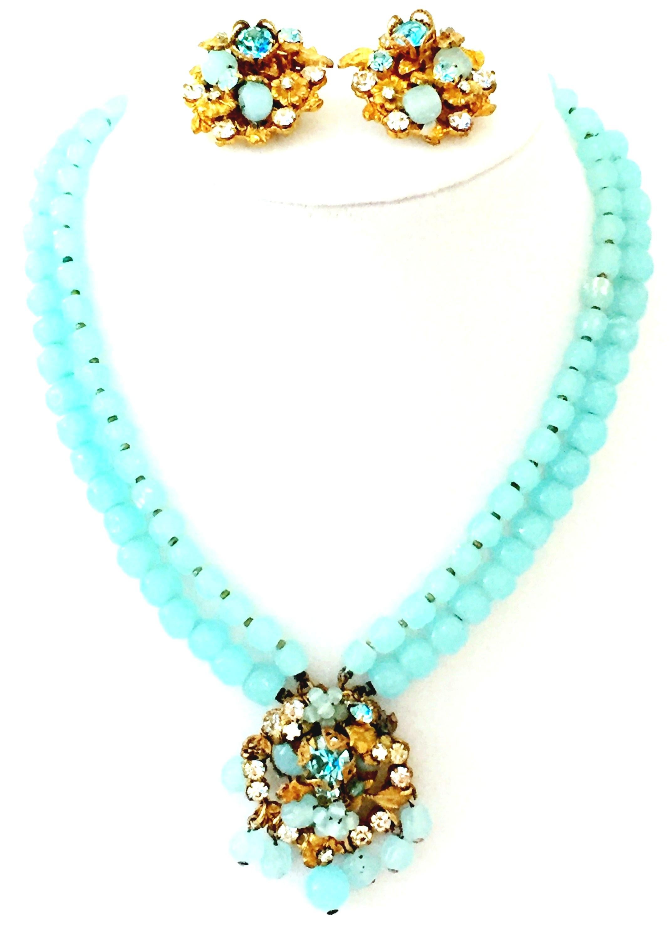 1950'S Robert DeMario Austrian aqua glass bead and crystal rhinestone choker style necklace & earrings, three piece set. Set in gold gilt brass filigree with crystal clear and blue topaz rhinestone detail. Each of the three pieces are signed on the
