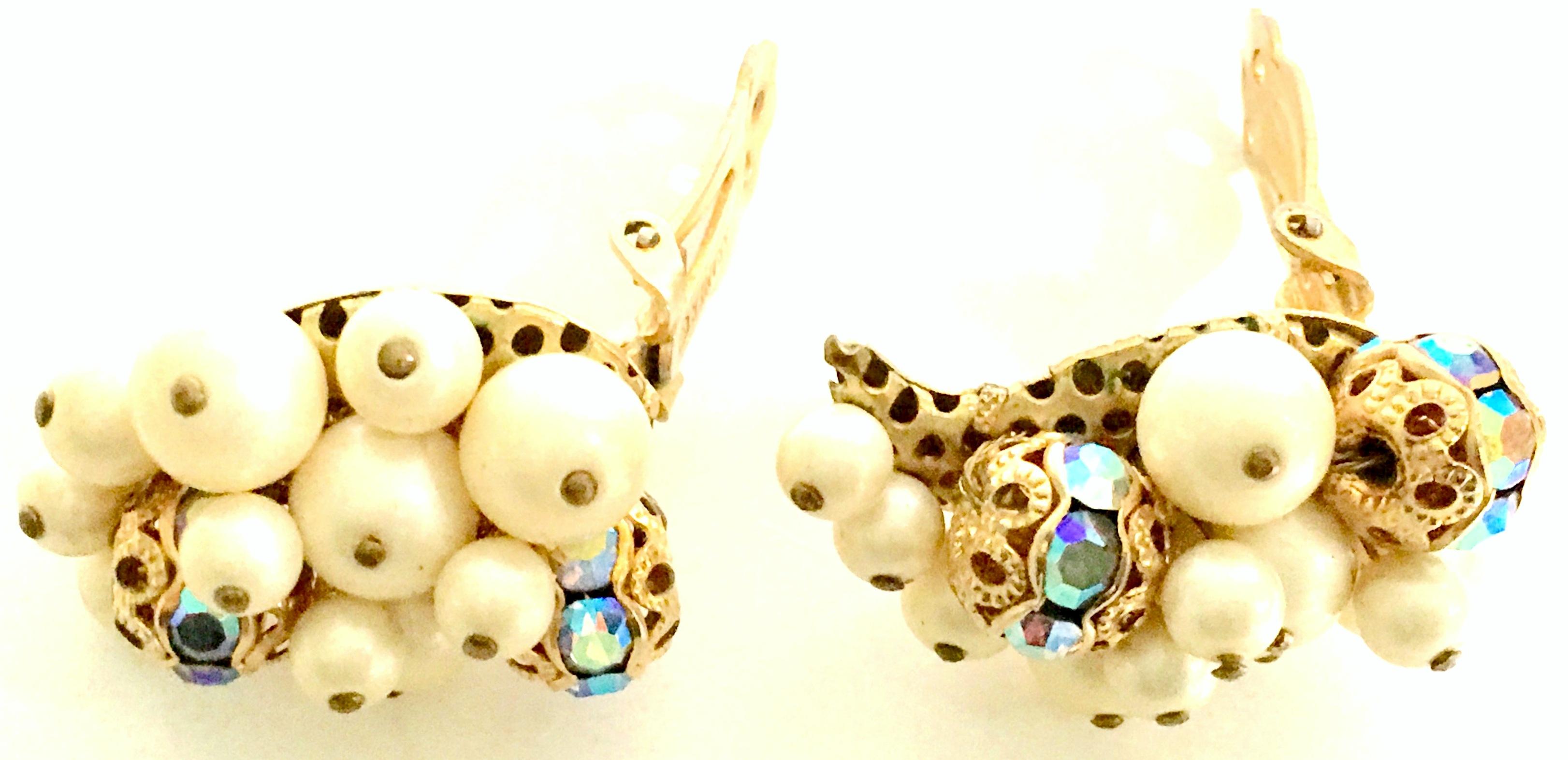 50'S Gold Faux Pearl Bead & Swarovski Crystal Earrings By, Kramer 3