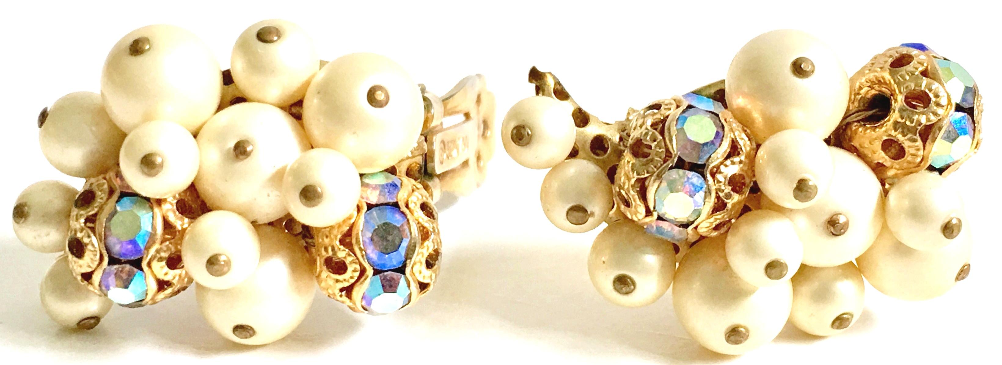50'S Gold Faux Pearl Bead & Swarovski Crystal Earrings By, Kramer 2