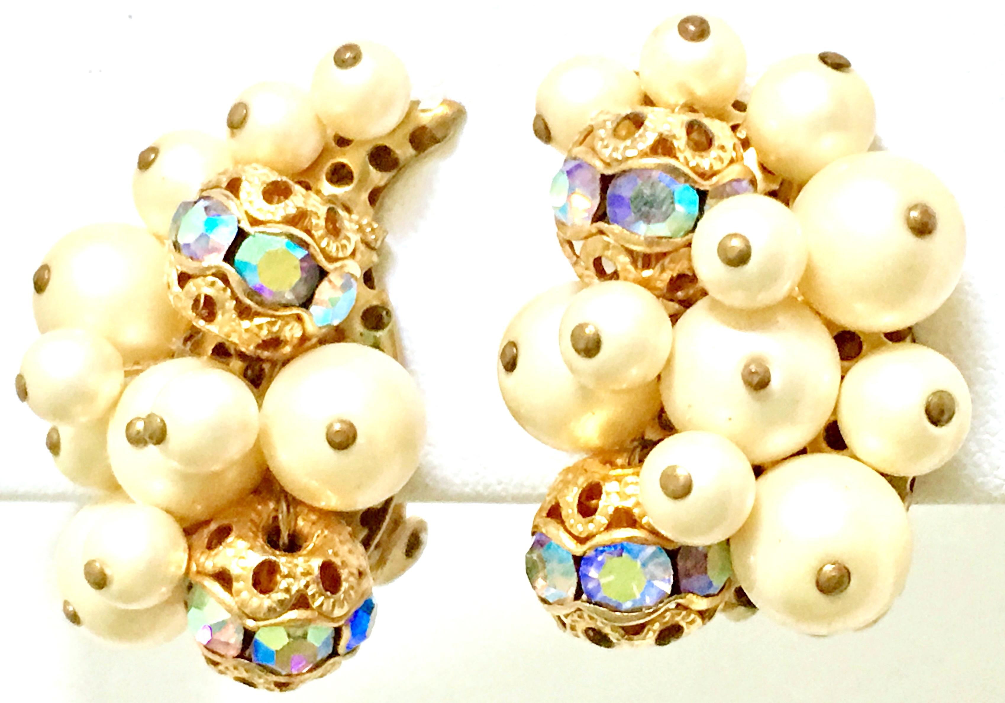 Women's 50'S Gold Faux Pearl Bead & Swarovski Crystal Earrings By, Kramer