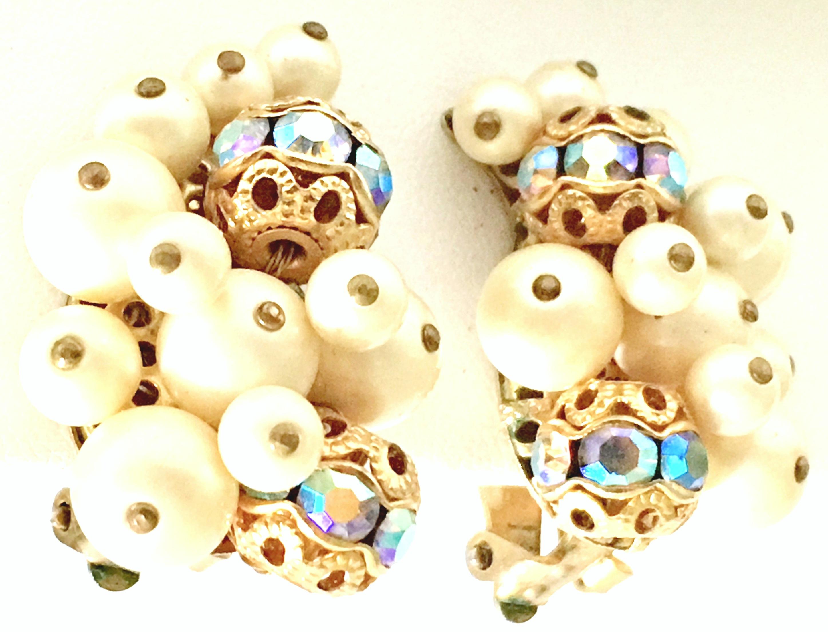 50'S Gold Faux Pearl Bead & Swarovski Crystal Earrings By, Kramer 1