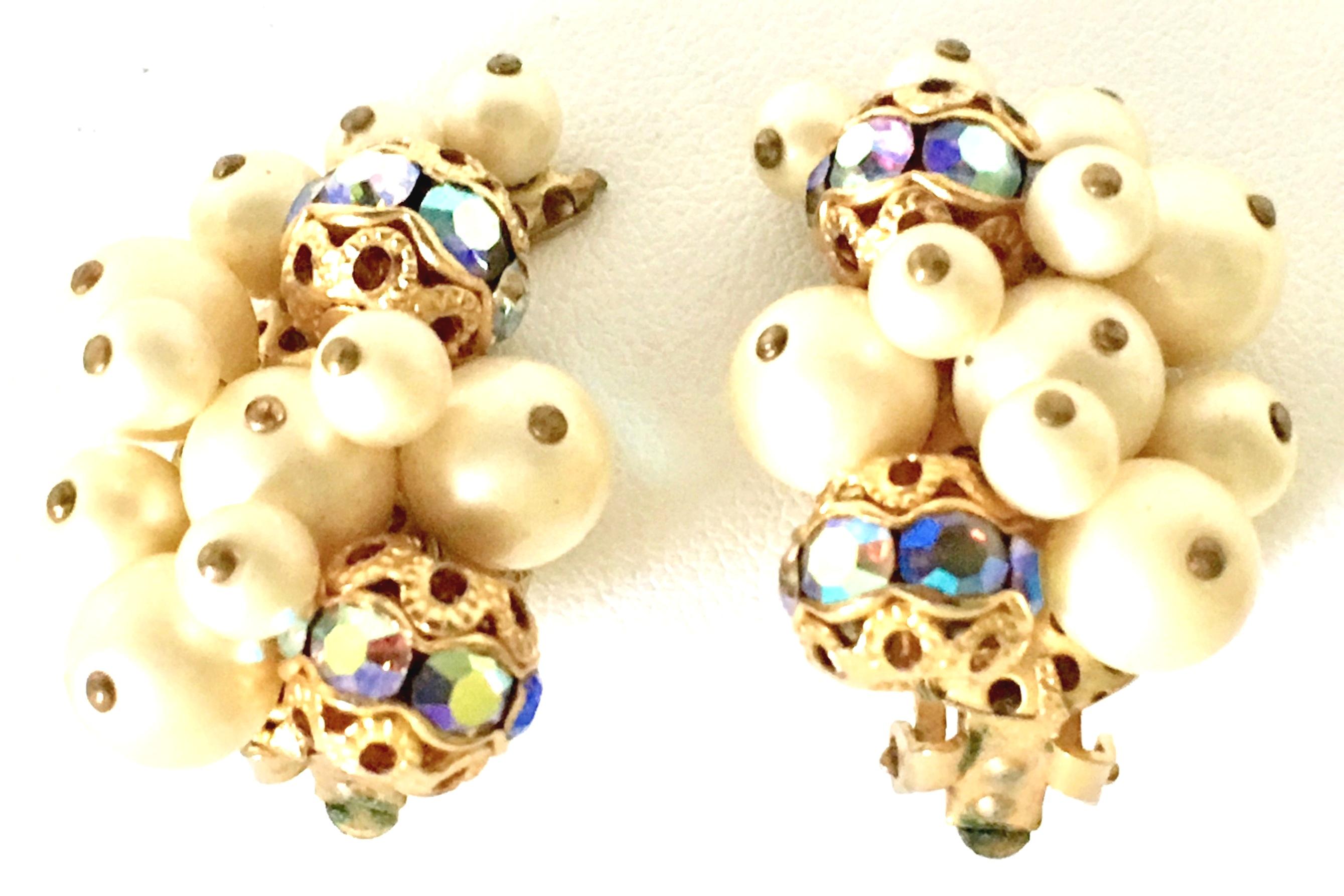 50'S Gold Faux Pearl Bead & Swarovski Crystal Earrings By, Kramer In Good Condition In West Palm Beach, FL