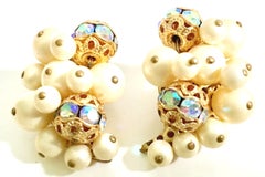 50'S Gold Faux Pearl Bead & Swarovski Crystal Earrings By, Kramer