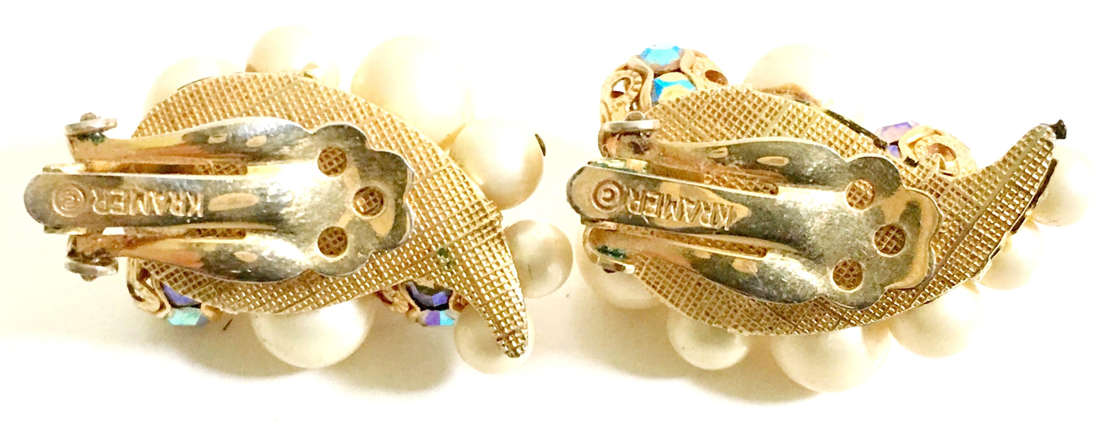 50'S Gold Faux Pearl Bead & Swarovski Crystal Earrings By, Kramer For Sale 4