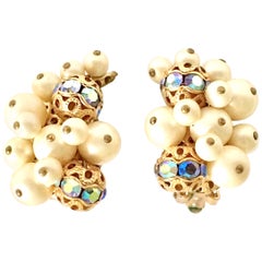 Vintage 50'S Gold Faux Pearl Bead & Swarovski Crystal Earrings By, Kramer
