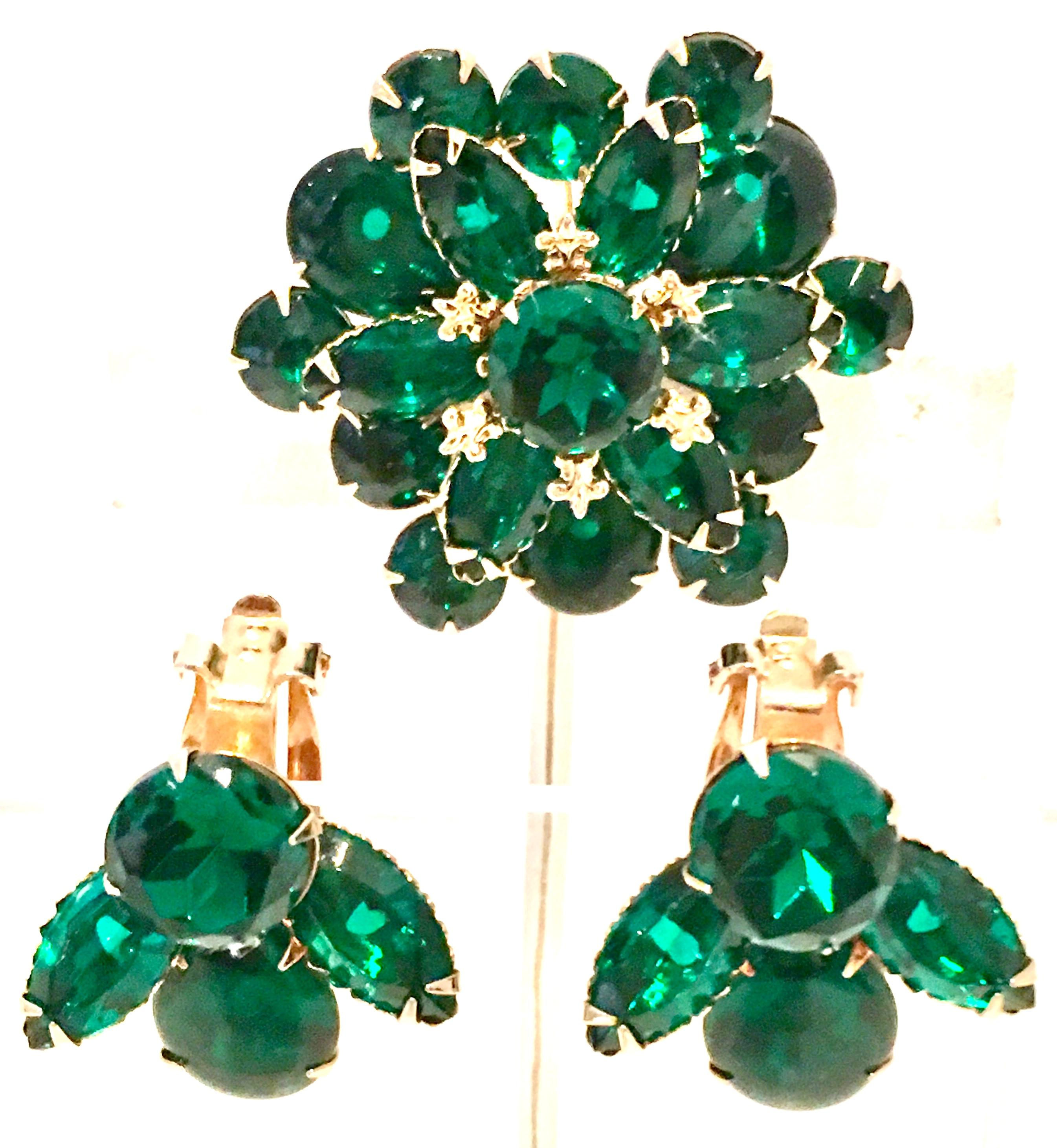 1950'S Classic French Style Fleur De Lis Gold Plate & Emerald Green Molded Glass, Brilliant Austrian Cut Crystal, Abstract Flower & Bubble Bee Brooch And Earrings-Three Piece Set. This classic French style demi - parure features a large abstract