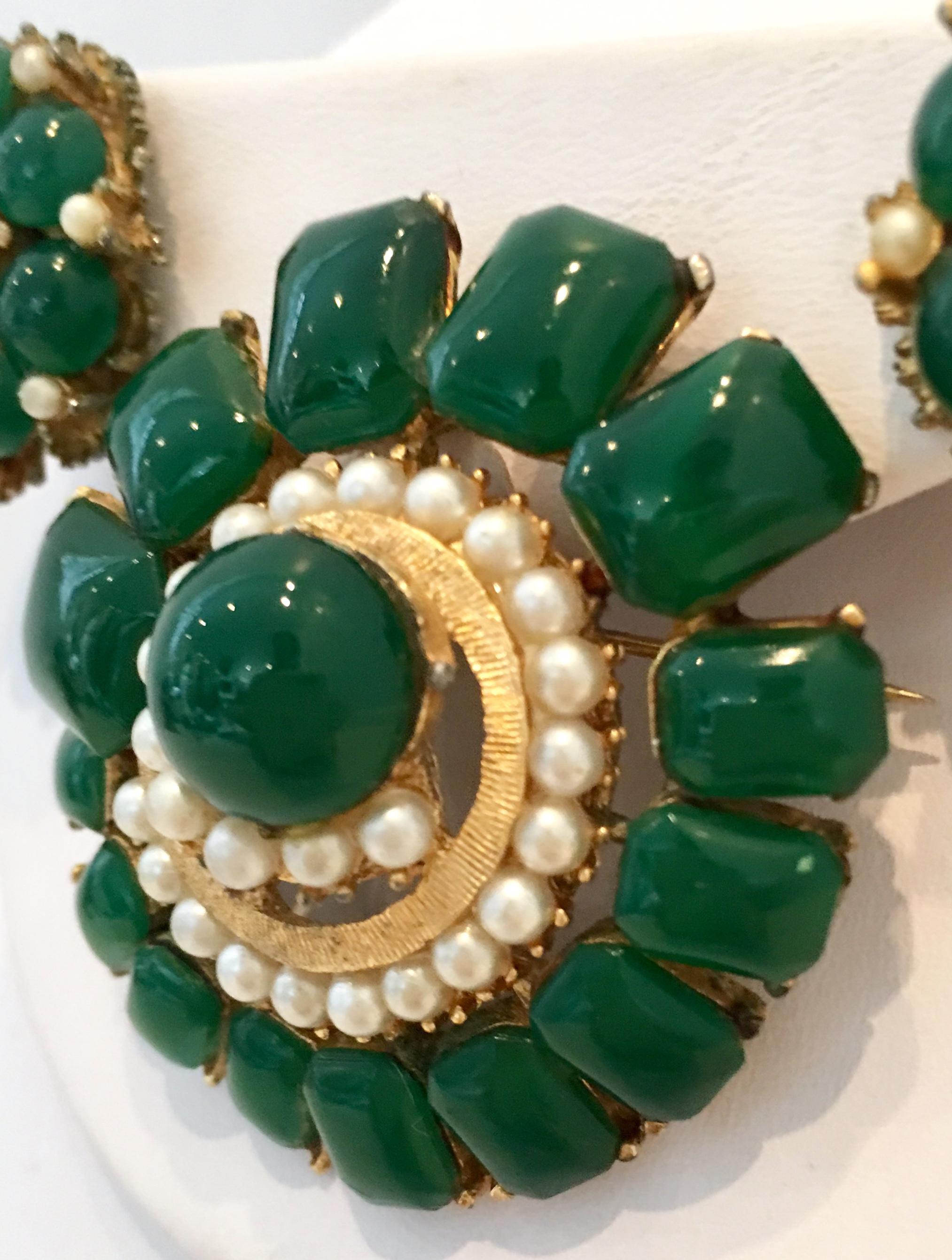 Women's or Men's 50'S Gold & Molded Glass Faux Pearl Brooch & Earrings S/3 By, B.S.K For Sale