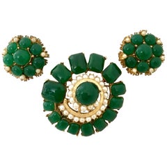 Vintage 50'S Gold & Molded Glass Faux Pearl Brooch & Earrings S/3 By, B.S.K