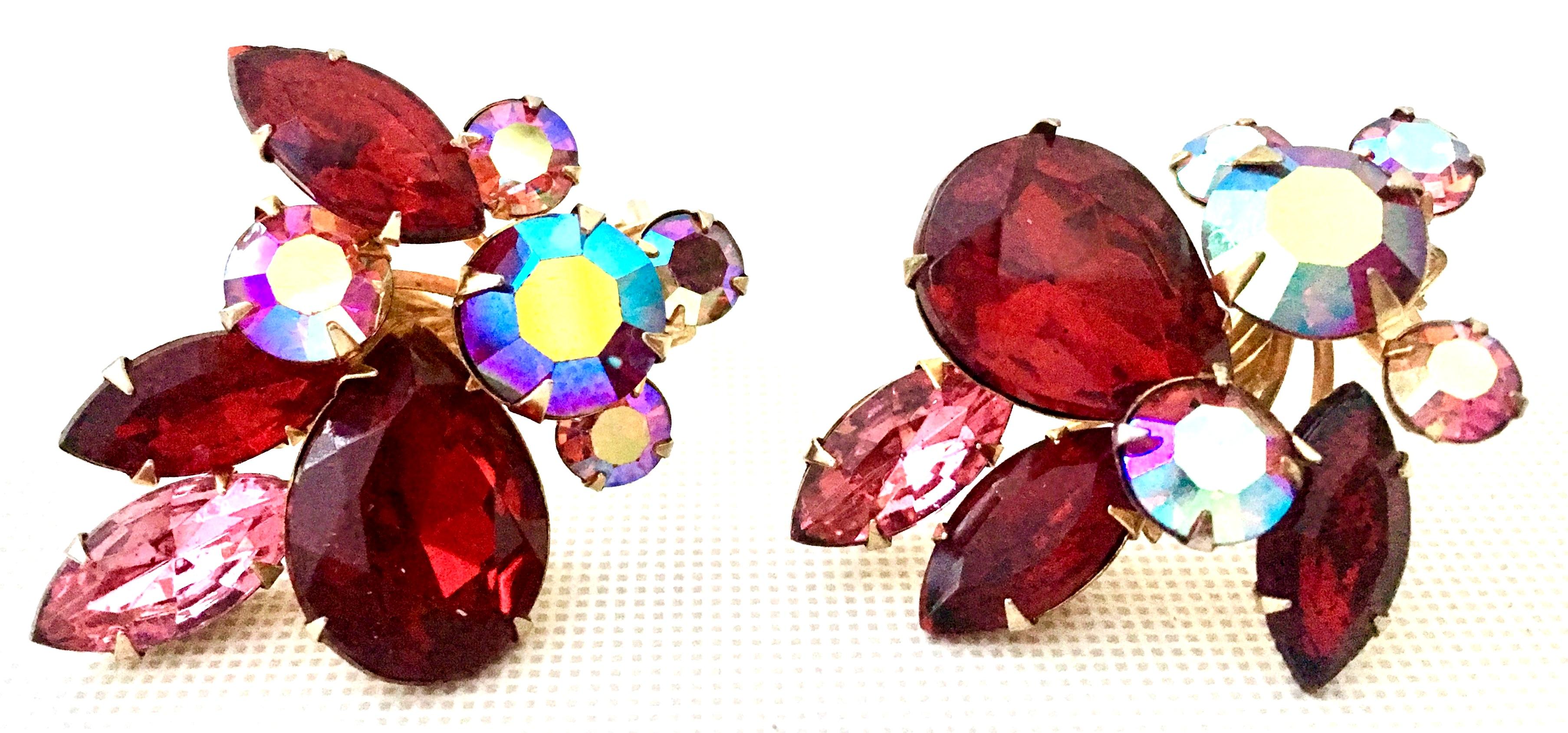 50'S Gold & Swarovski Crystal Abstract Floral Earrings By, Beaujewels For Sale 1