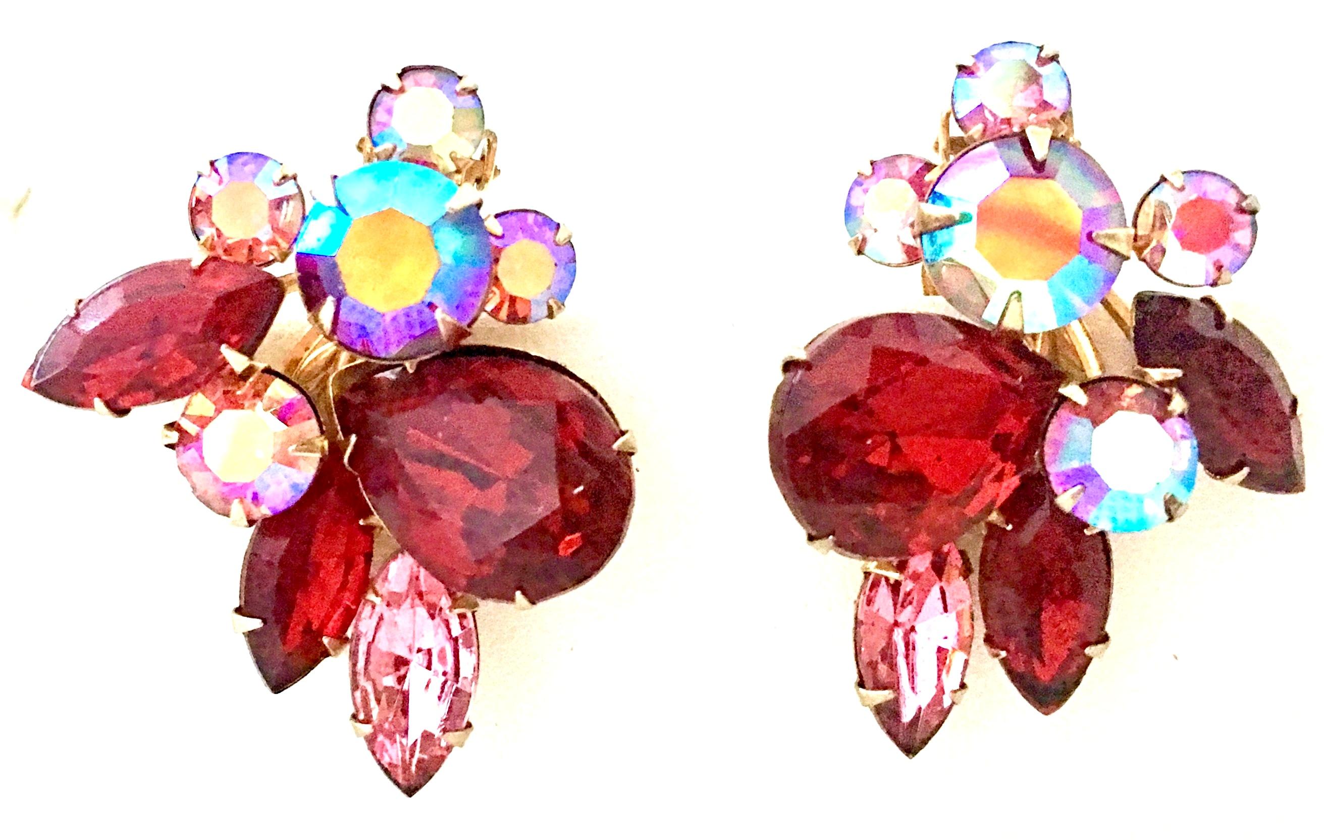 50'S Gold & Swarovski Crystal Abstract Floral Earrings By, Beaujewels In Good Condition In West Palm Beach, FL