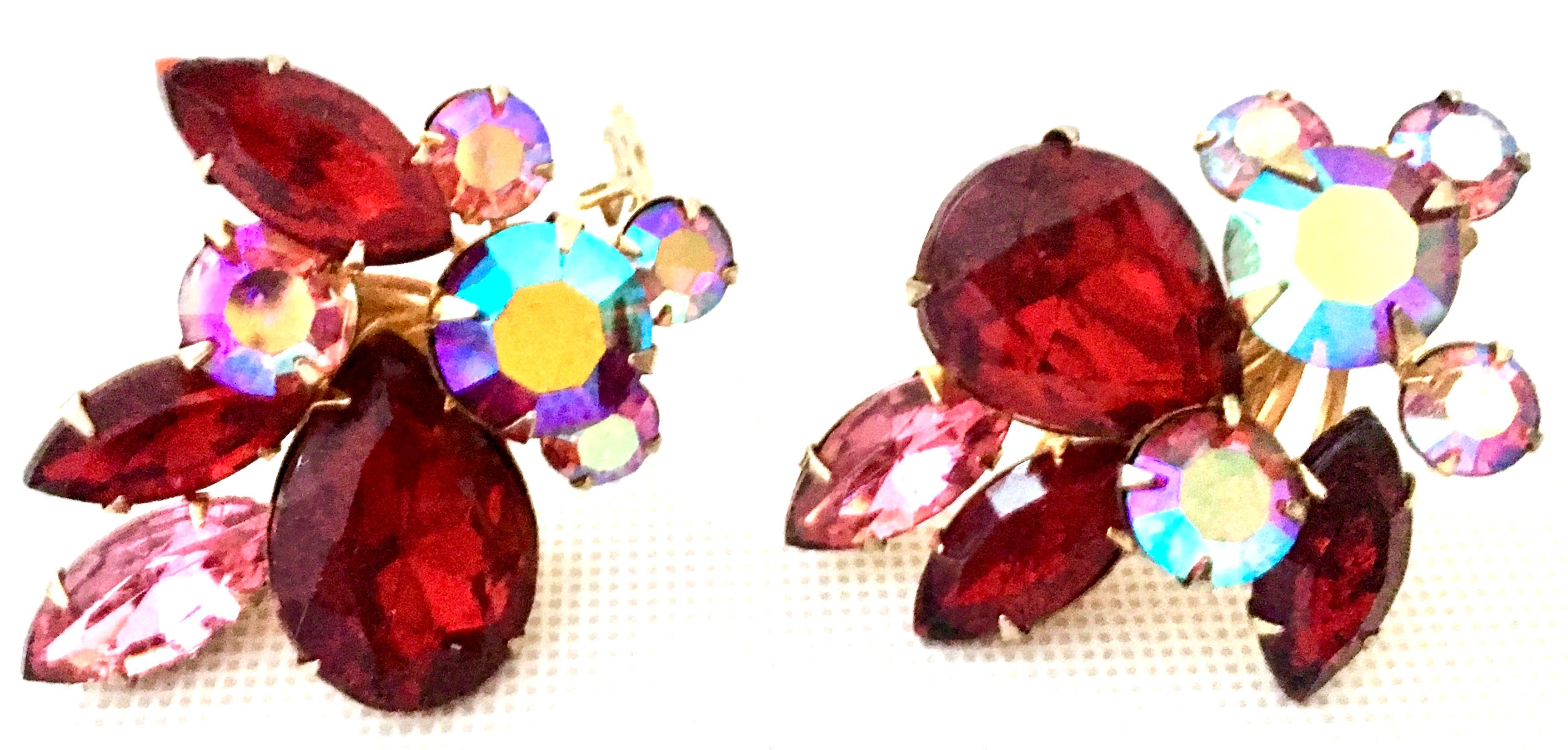 Women's or Men's 50'S Gold & Swarovski Crystal Abstract Floral Earrings By, Beaujewels
