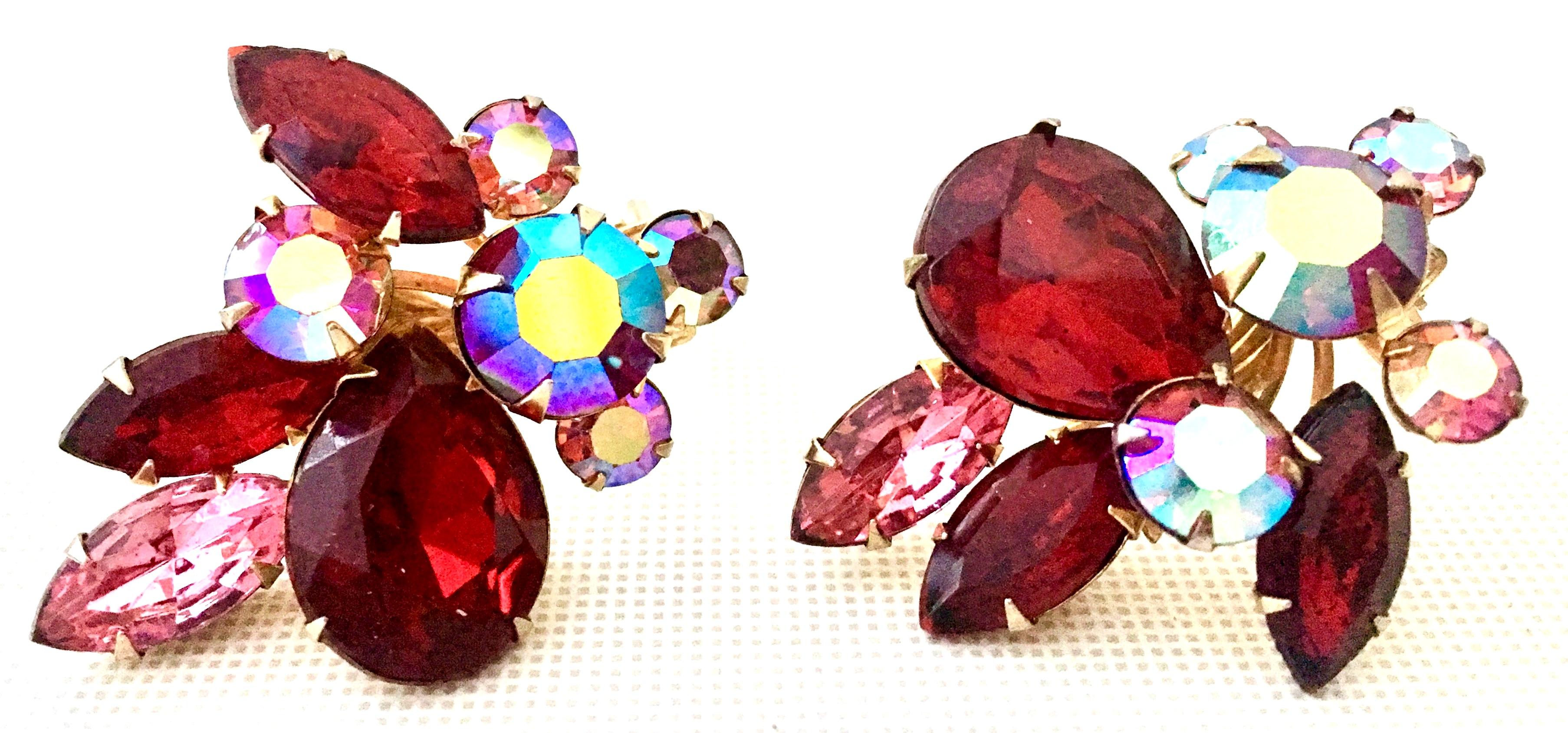 50'S Gold & Swarovski Crystal Abstract Floral Earrings By, Beaujewels 1