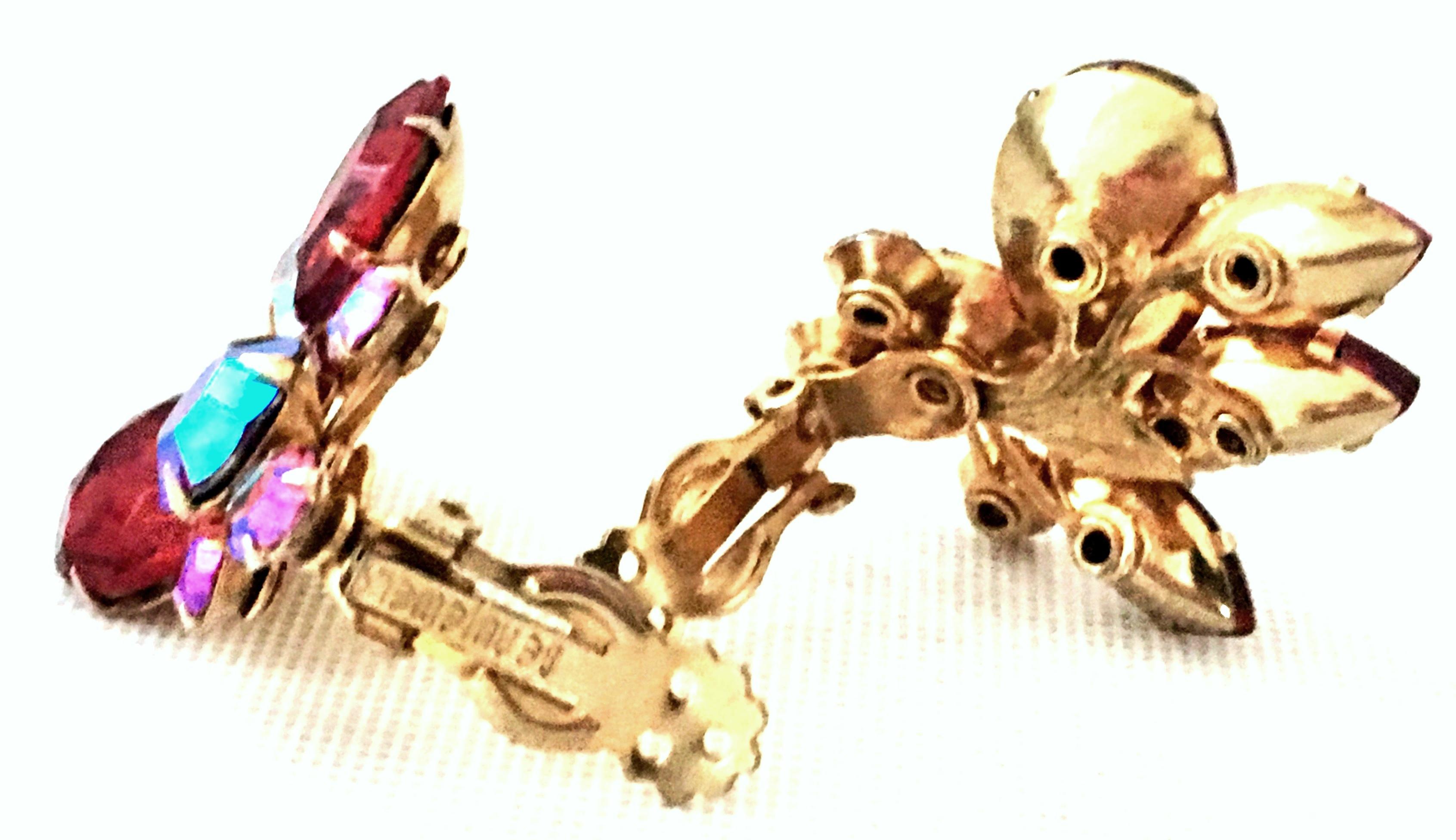 50'S Gold & Swarovski Crystal Abstract Floral Earrings By, Beaujewels For Sale 4