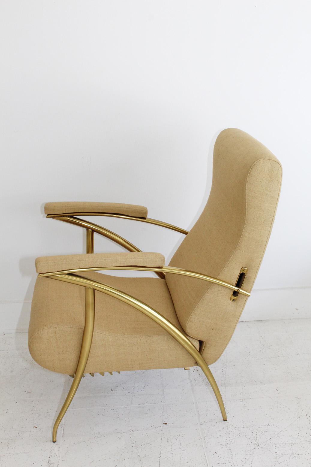 1957 Italian Adjustable Polished Brass Reclining Chair by Alberto Gambetta In Good Condition In North Miami, FL