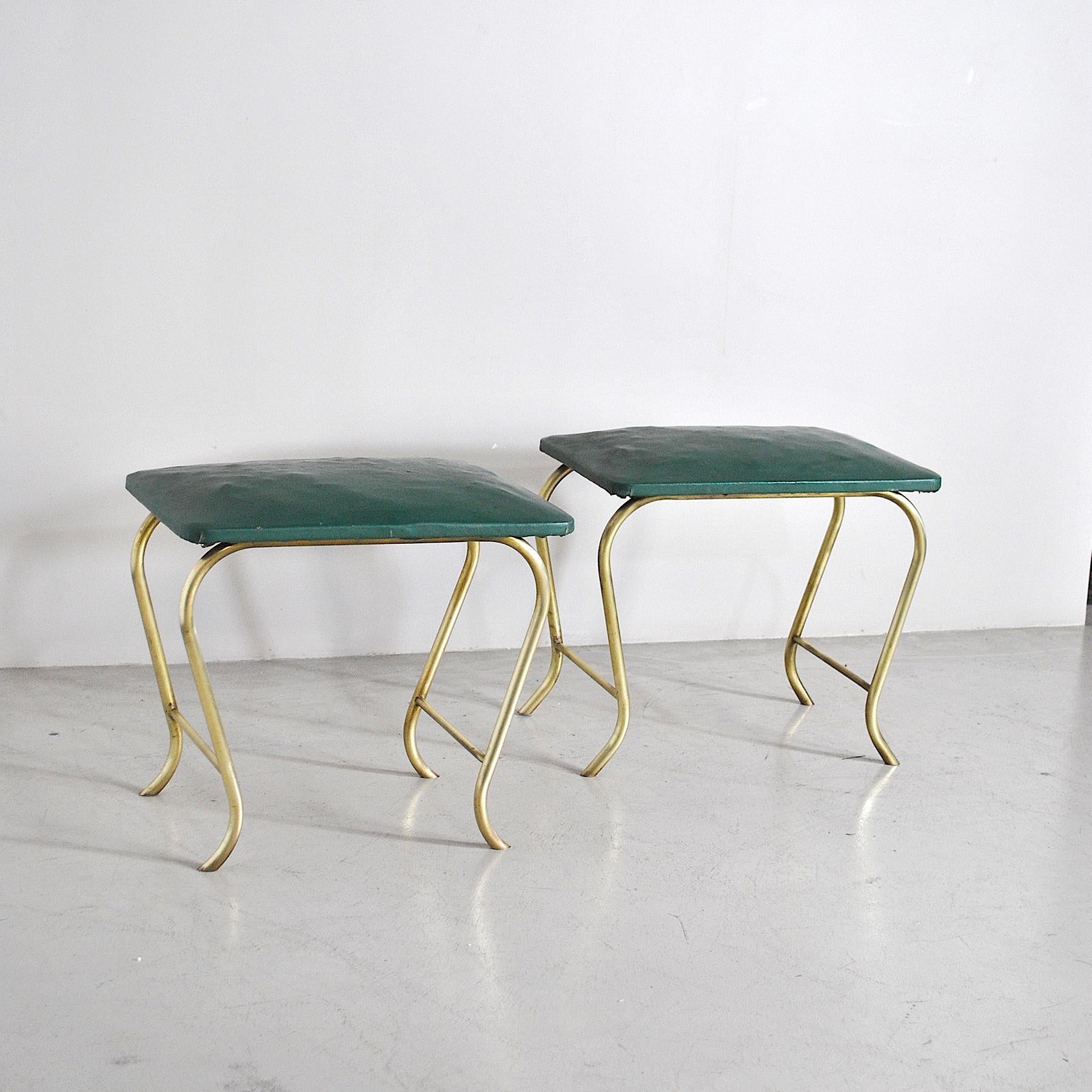Mid-Century Modern 50's Italian Stools in Brass and Vinyl For Sale