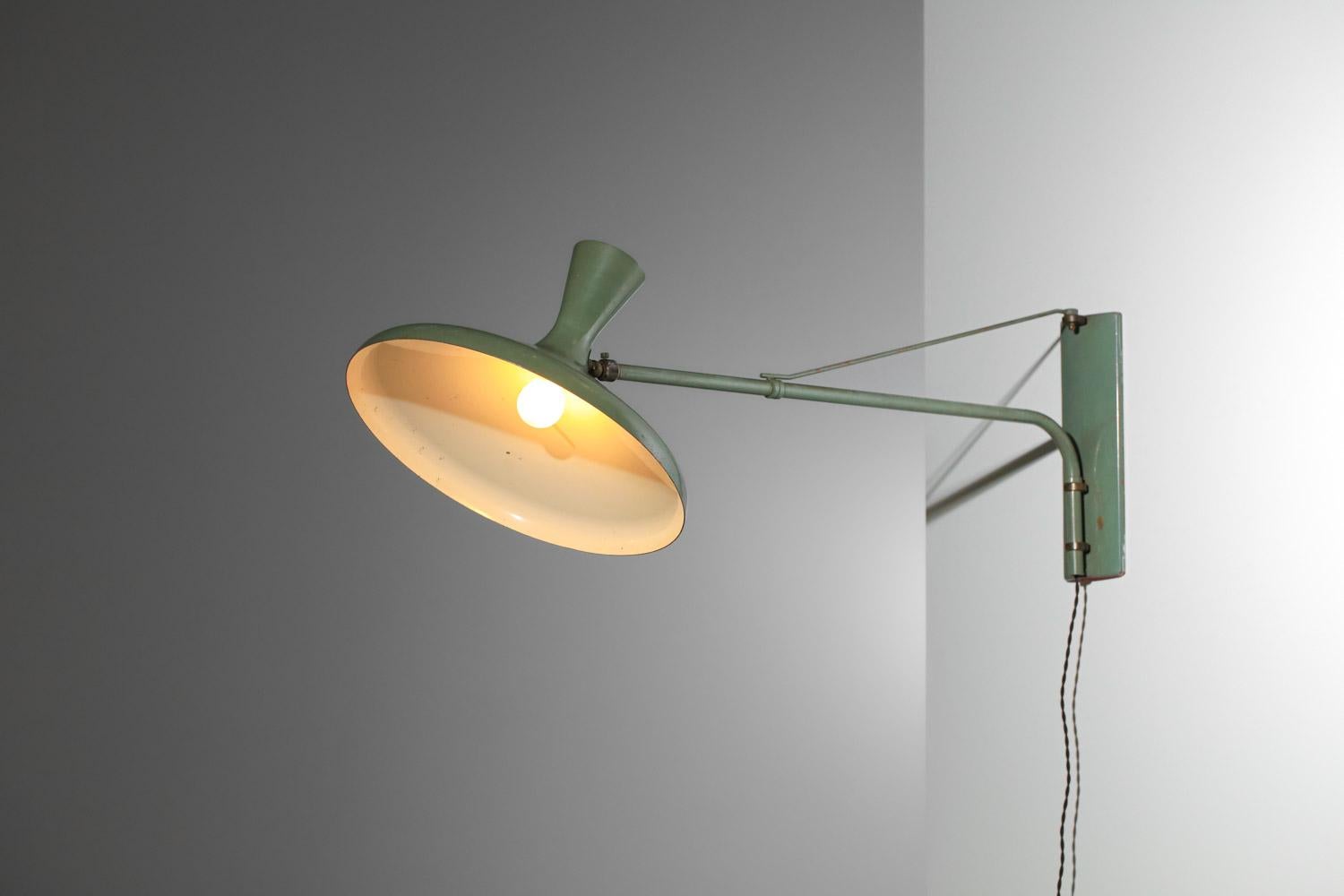 Italian 50's italian wall light gallows, green lacquered, solid metal 