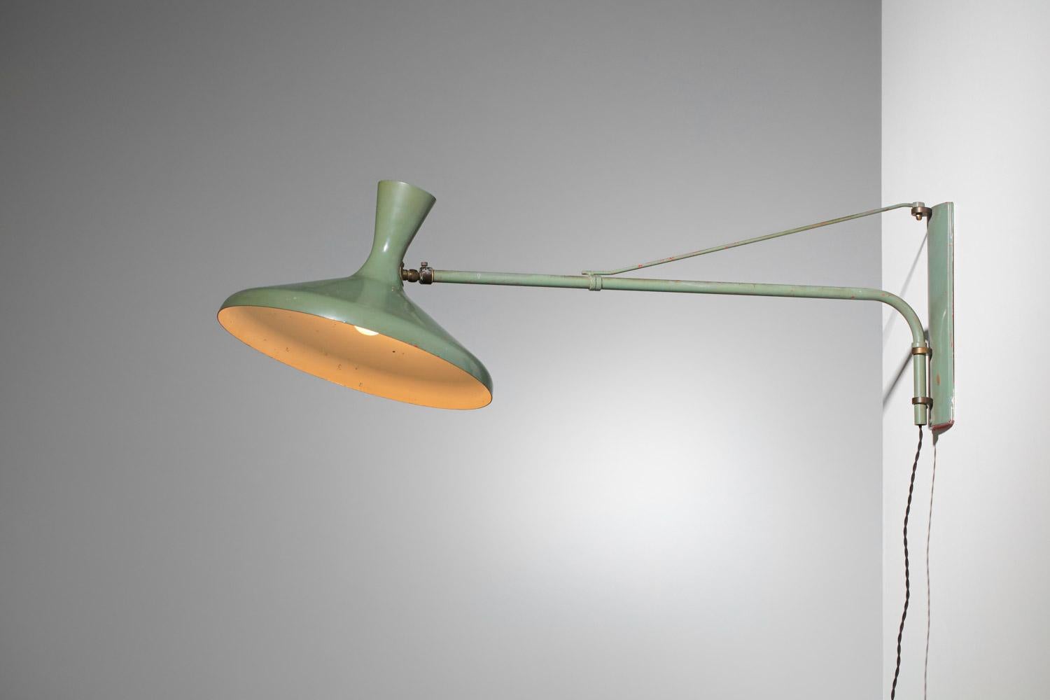 Lacquered 50's italian wall light gallows, green lacquered, solid metal 
